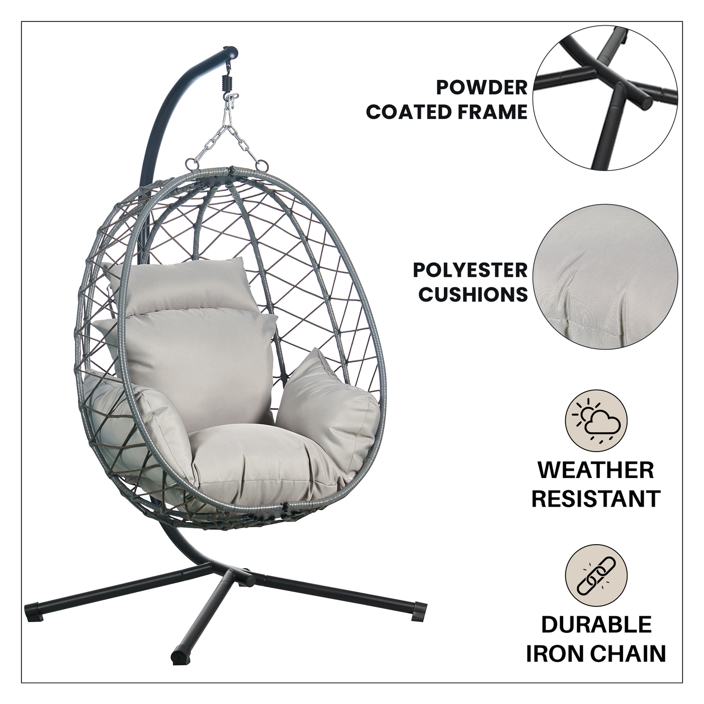 Summit Outdoor Single Person Egg Swing Chair in Grey Steel Frame With Removable Cushions
