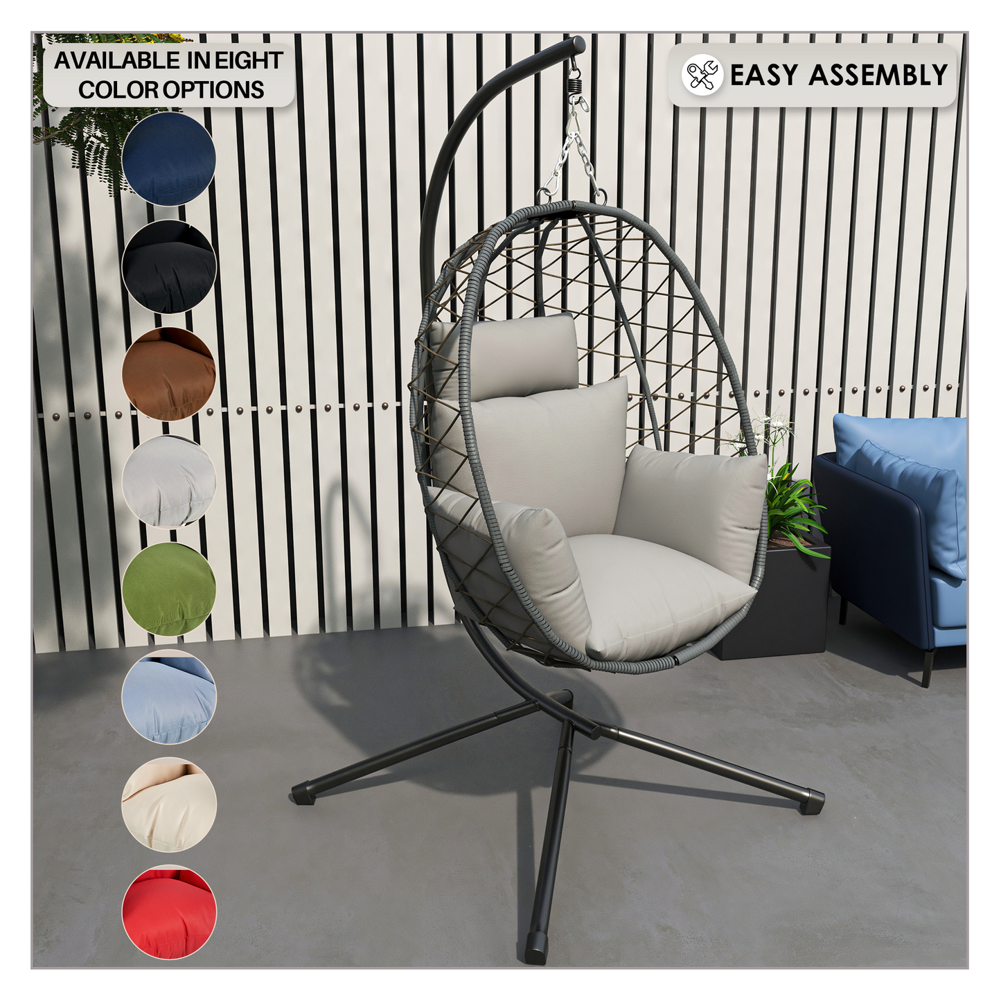 Summit Outdoor Single Person Egg Swing Chair in Grey Steel Frame With Removable Cushions