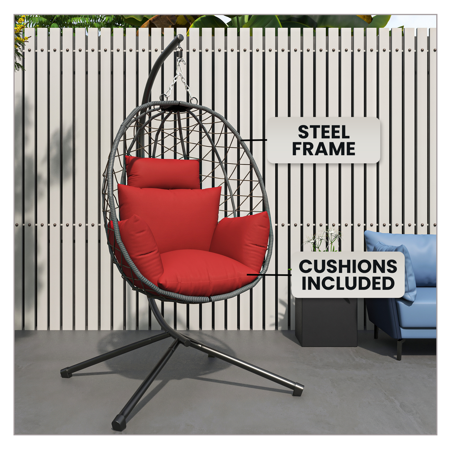 Summit Outdoor Single Person Egg Swing Chair in Grey Steel Frame With Removable Cushions
