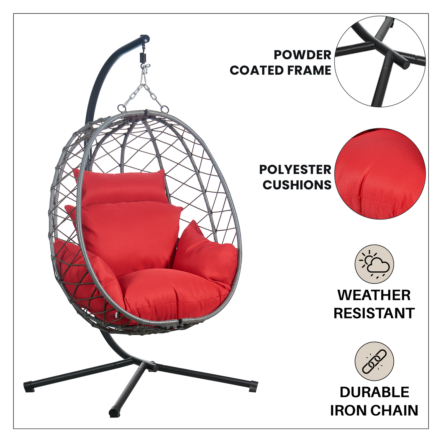 Summit Outdoor Single Person Egg Swing Chair in Grey Steel Frame With Removable Cushions