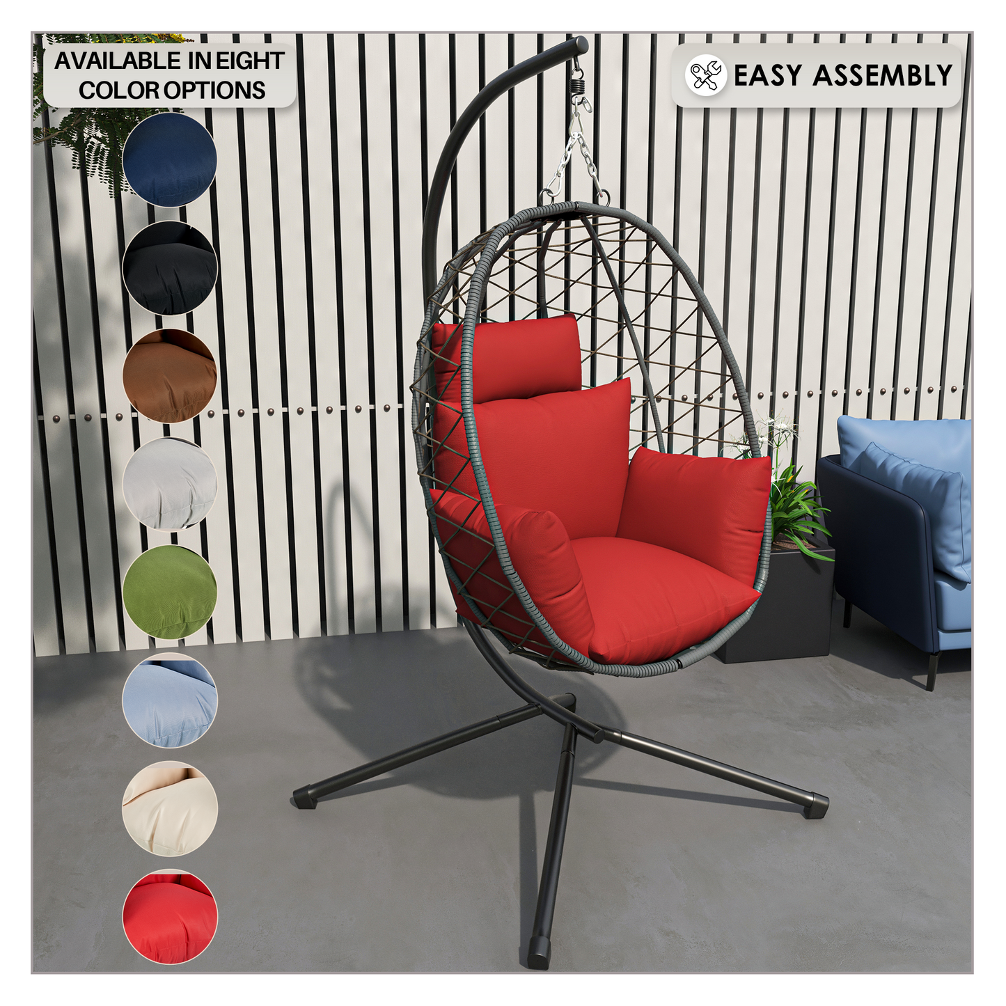 Summit Outdoor Single Person Egg Swing Chair in Grey Steel Frame With Removable Cushions