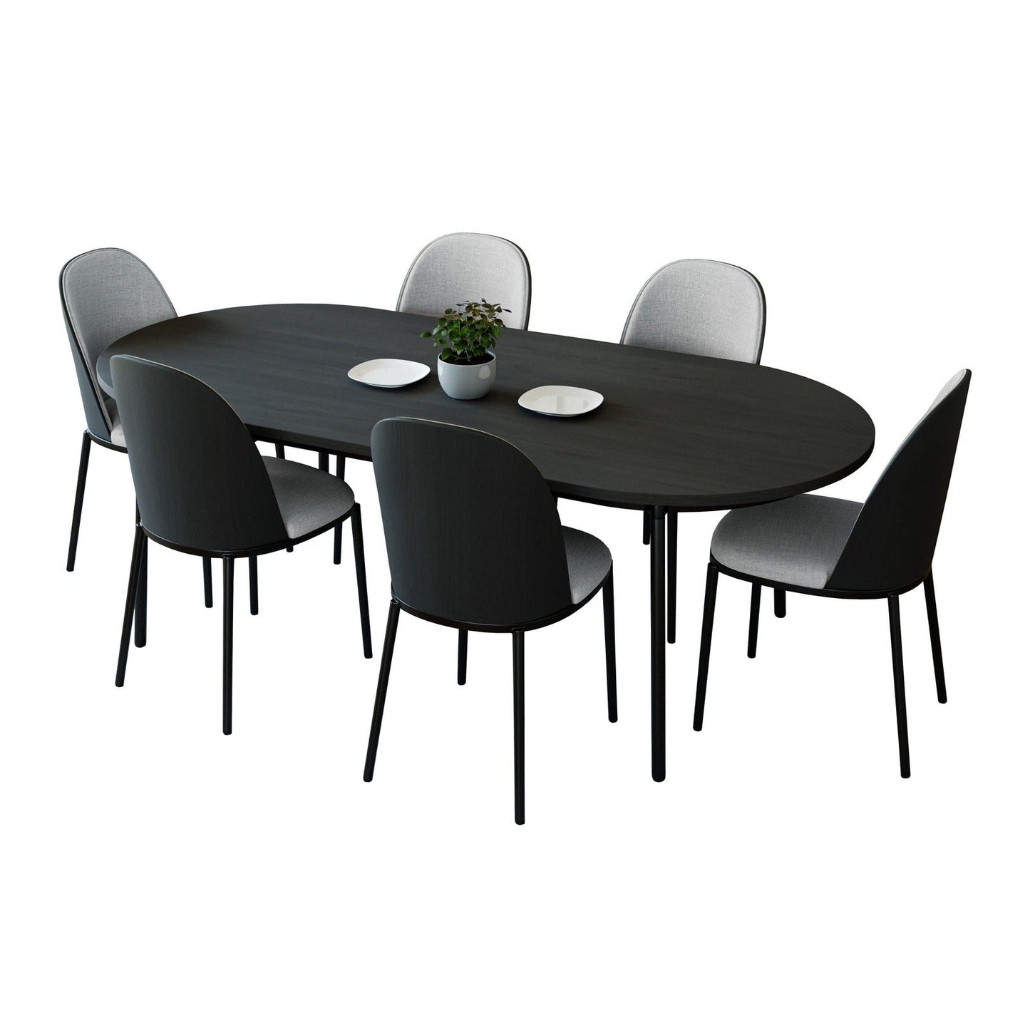 Tule 7-Piece Dining Set: Steel Frame, 6 Upholstered Chairs, 71'' Oval MDF Tabletop