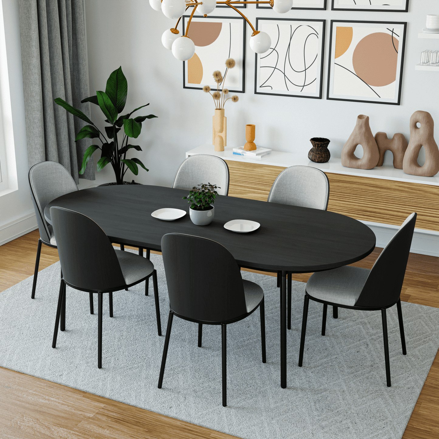 Tule 7-Piece Dining Set: Steel Frame, 6 Upholstered Chairs, 71'' Oval MDF Tabletop