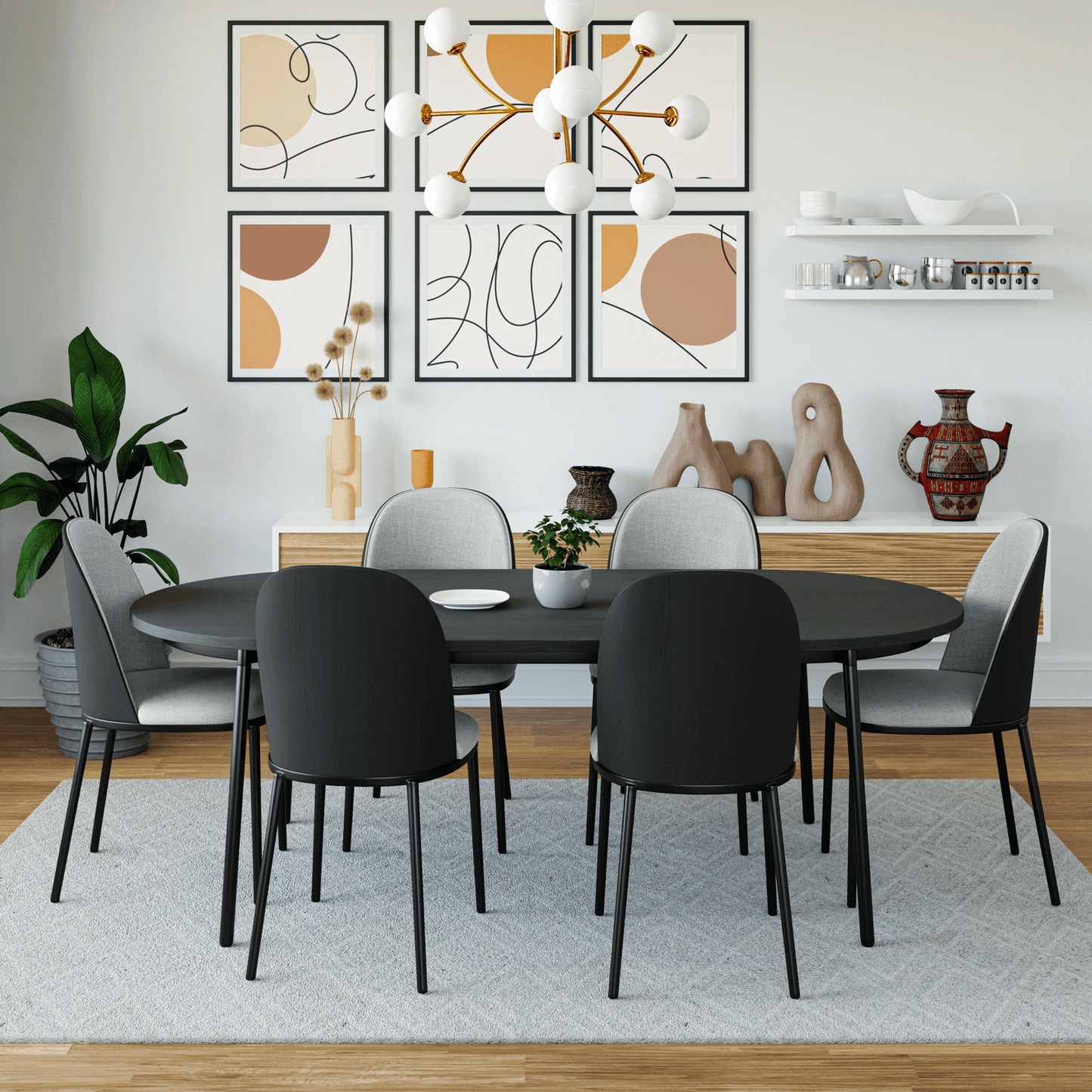 Tule 7-Piece Dining Set: Steel Frame, 6 Upholstered Chairs, 71'' Oval MDF Tabletop