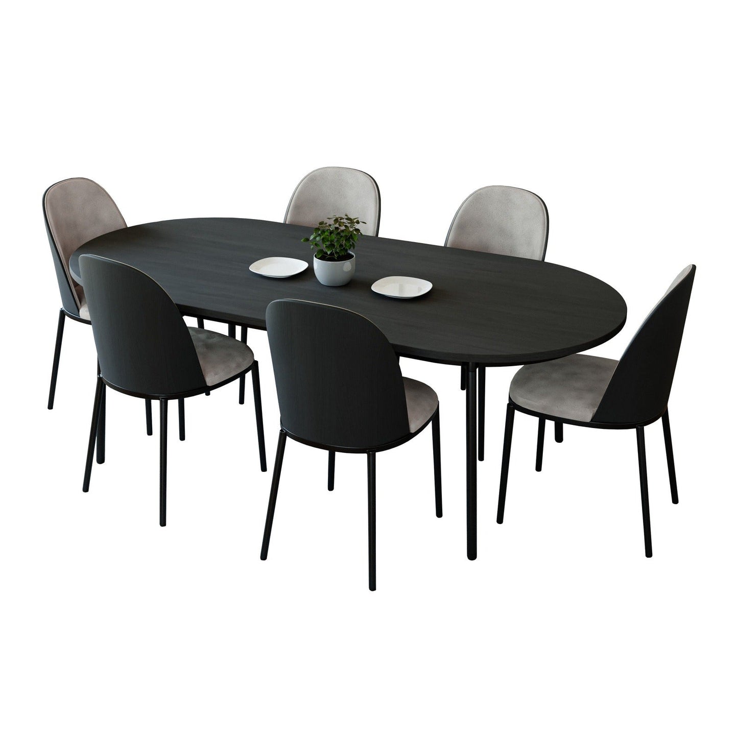 Tule 7-Piece Dining Set: Steel Frame, 6 Upholstered Chairs, 71'' Oval MDF Tabletop