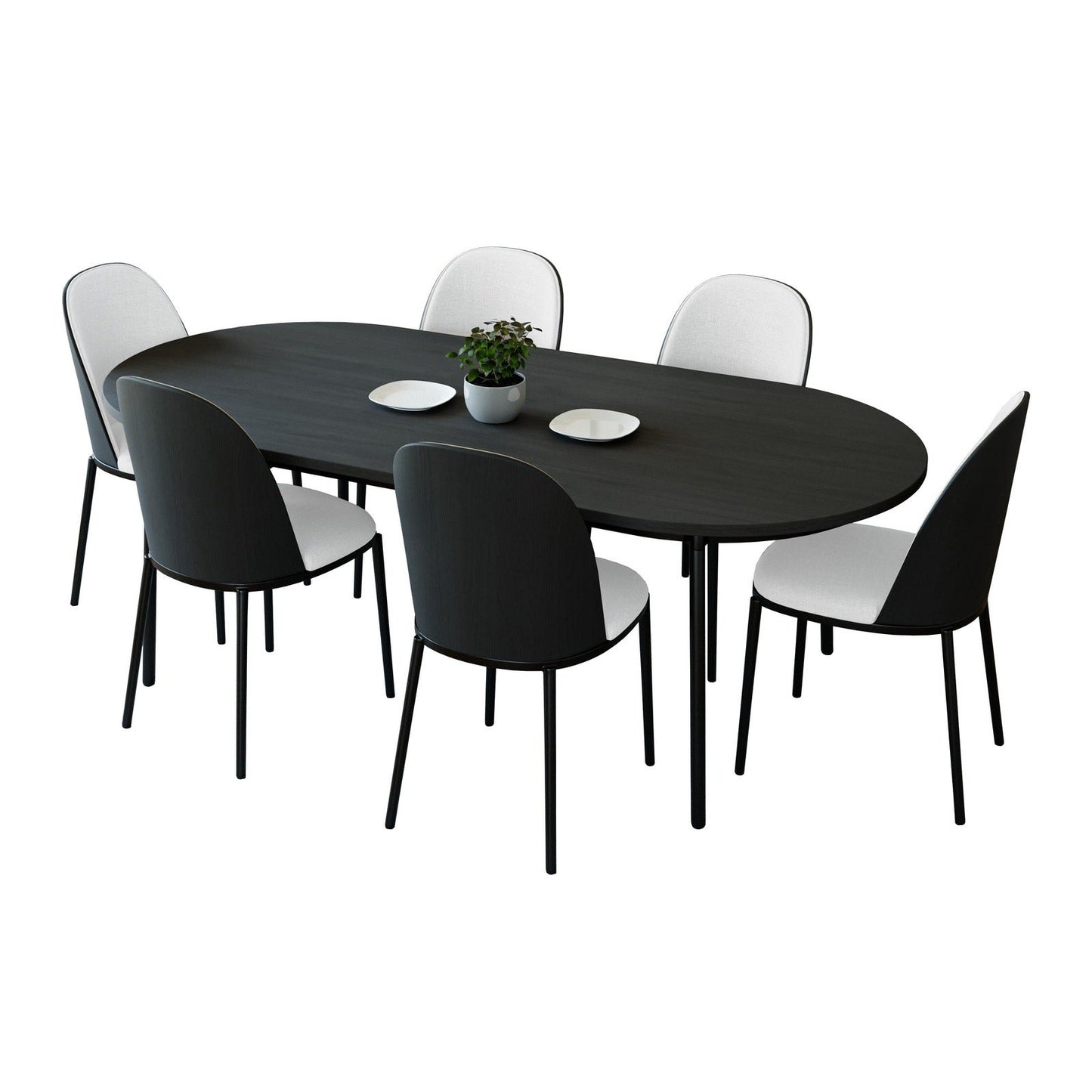 Tule 7-Piece Dining Set: Steel Frame, 6 Upholstered Chairs, 71'' Oval MDF Tabletop
