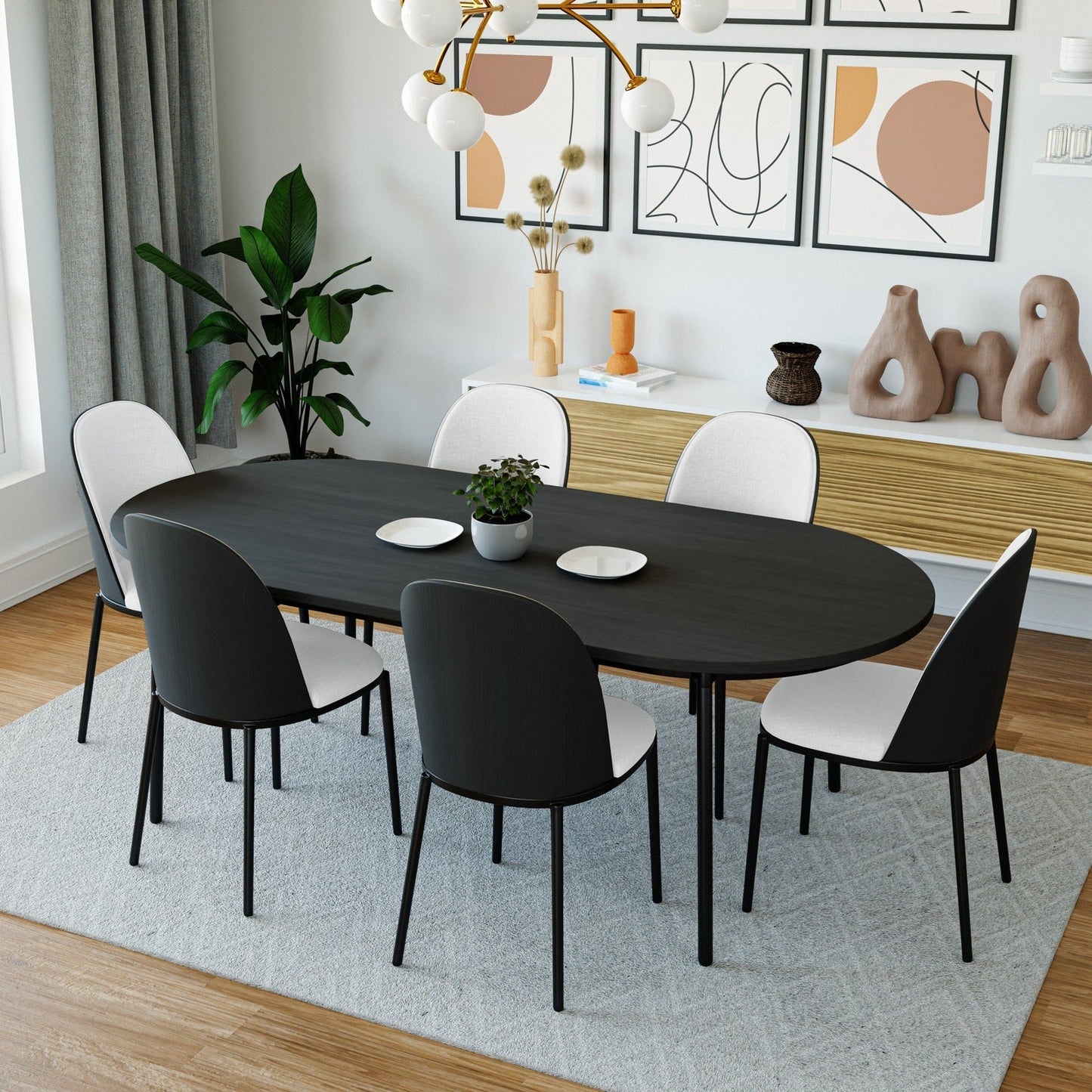 Tule 7-Piece Dining Set: Steel Frame, 6 Upholstered Chairs, 71'' Oval MDF Tabletop