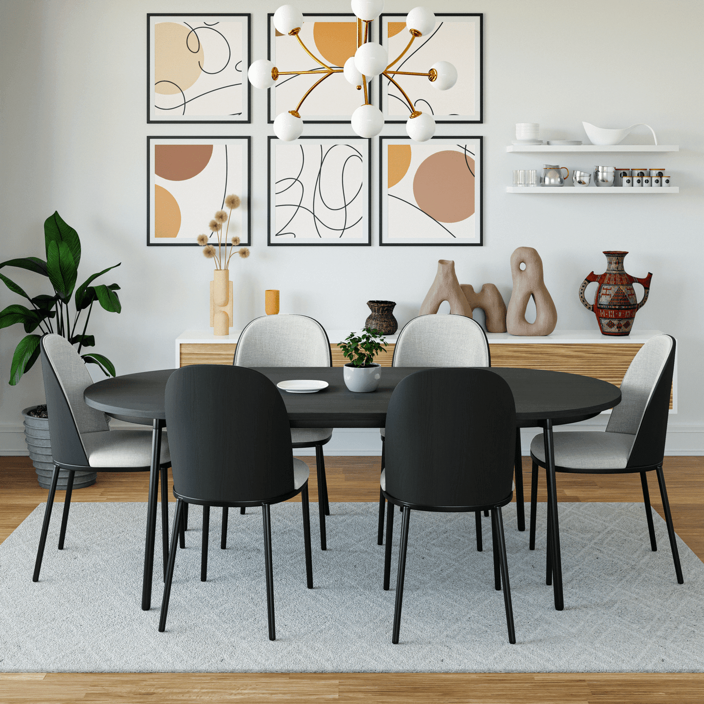Tule 7-Piece Dining Set: Steel Frame, 6 Upholstered Chairs, 71'' Oval MDF Tabletop