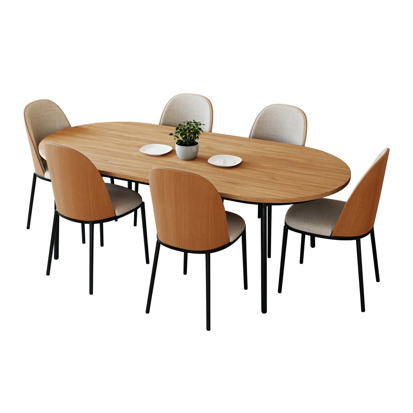 Tule 7-Piece Dining Set: Steel Frame, 6 Upholstered Chairs, 71'' Oval MDF Tabletop