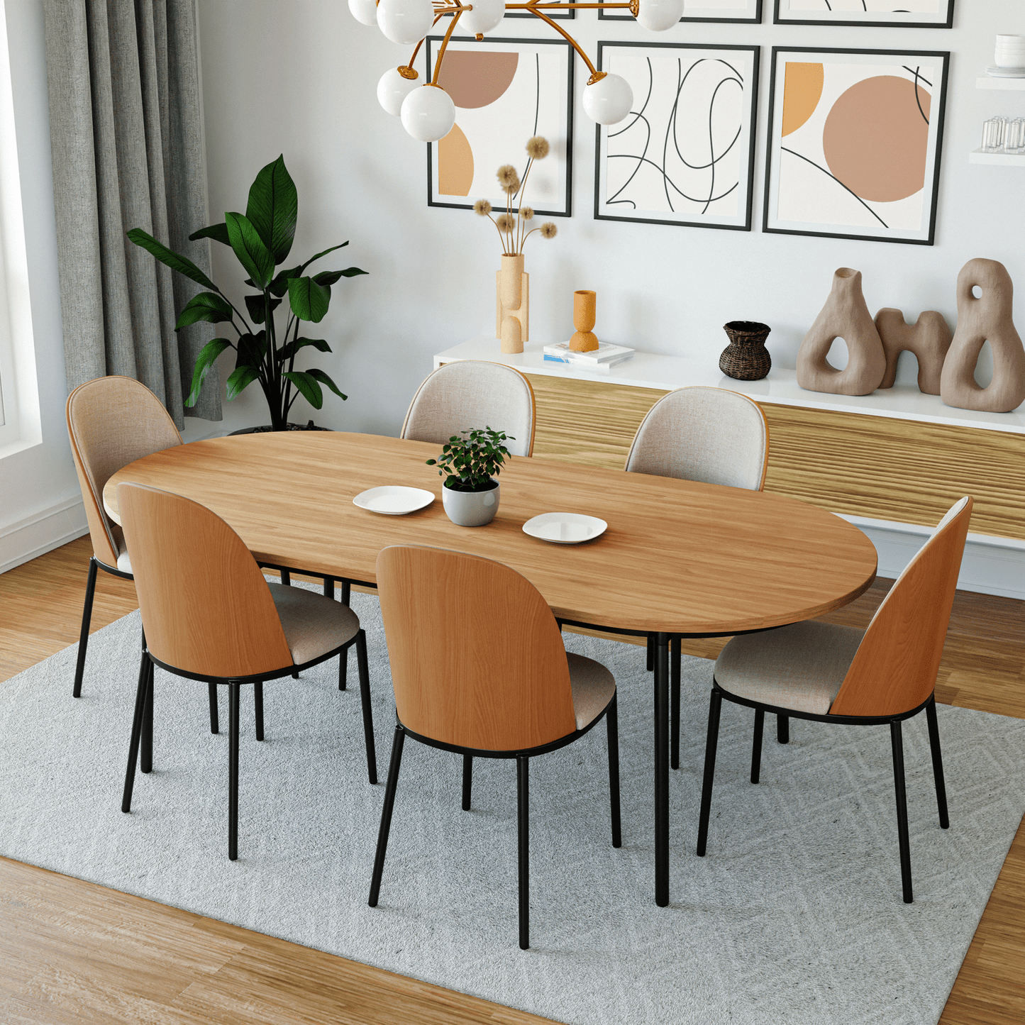 Tule 7-Piece Dining Set: Steel Frame, 6 Upholstered Chairs, 71'' Oval MDF Tabletop