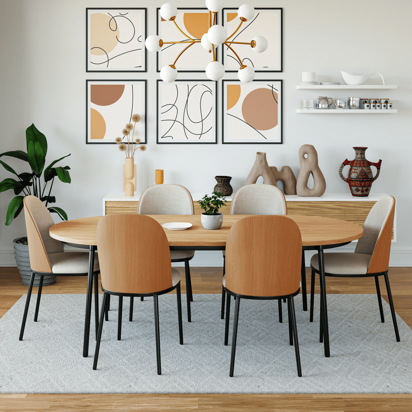 Tule 7-Piece Dining Set: Steel Frame, 6 Upholstered Chairs, 71'' Oval MDF Tabletop
