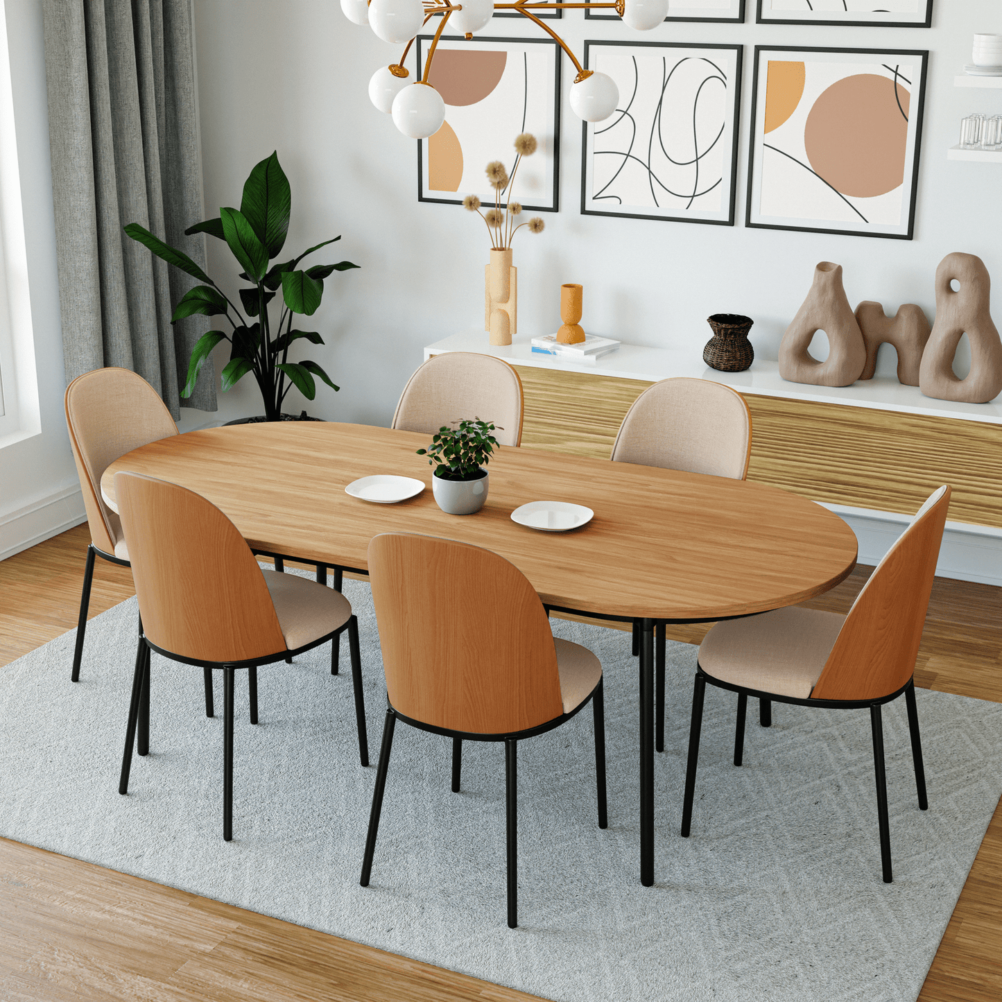 Tule 7-Piece Dining Set: Steel Frame, 6 Upholstered Chairs, 71'' Oval MDF Tabletop
