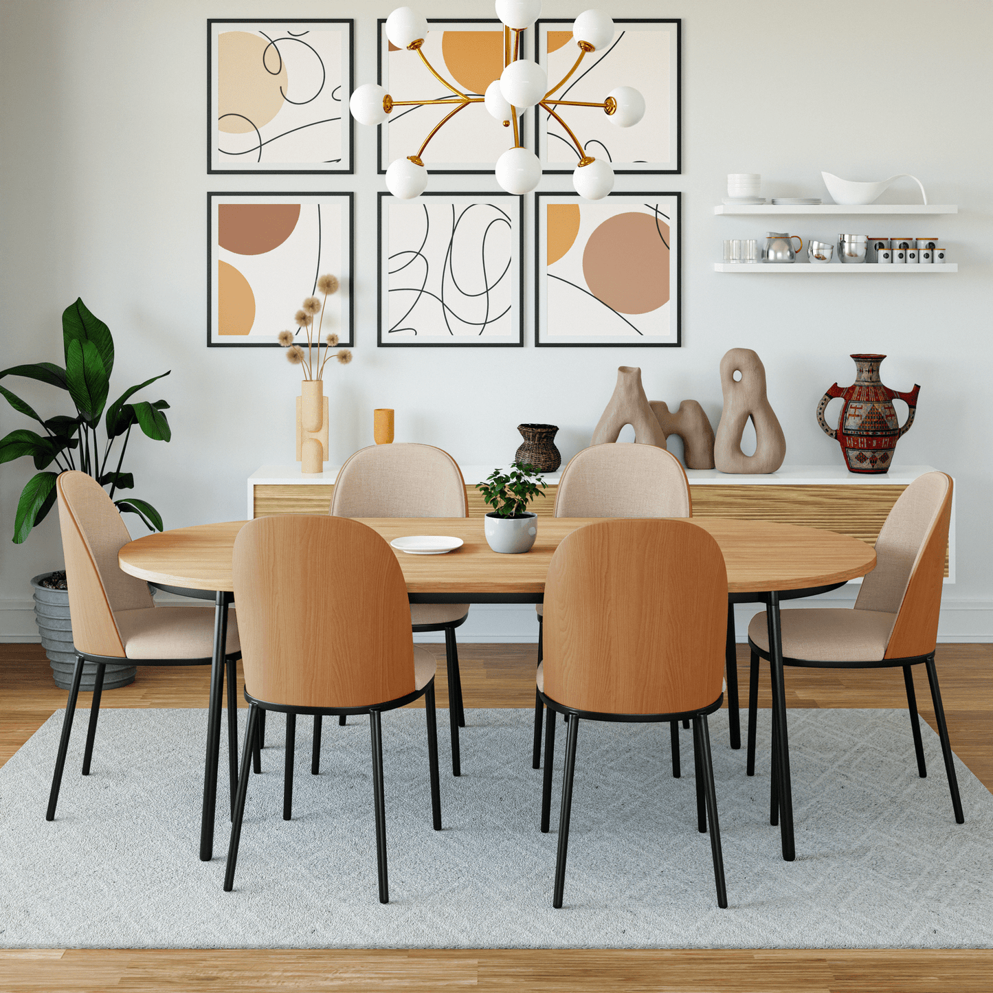 Tule 7-Piece Dining Set: Steel Frame, 6 Upholstered Chairs, 71'' Oval MDF Tabletop