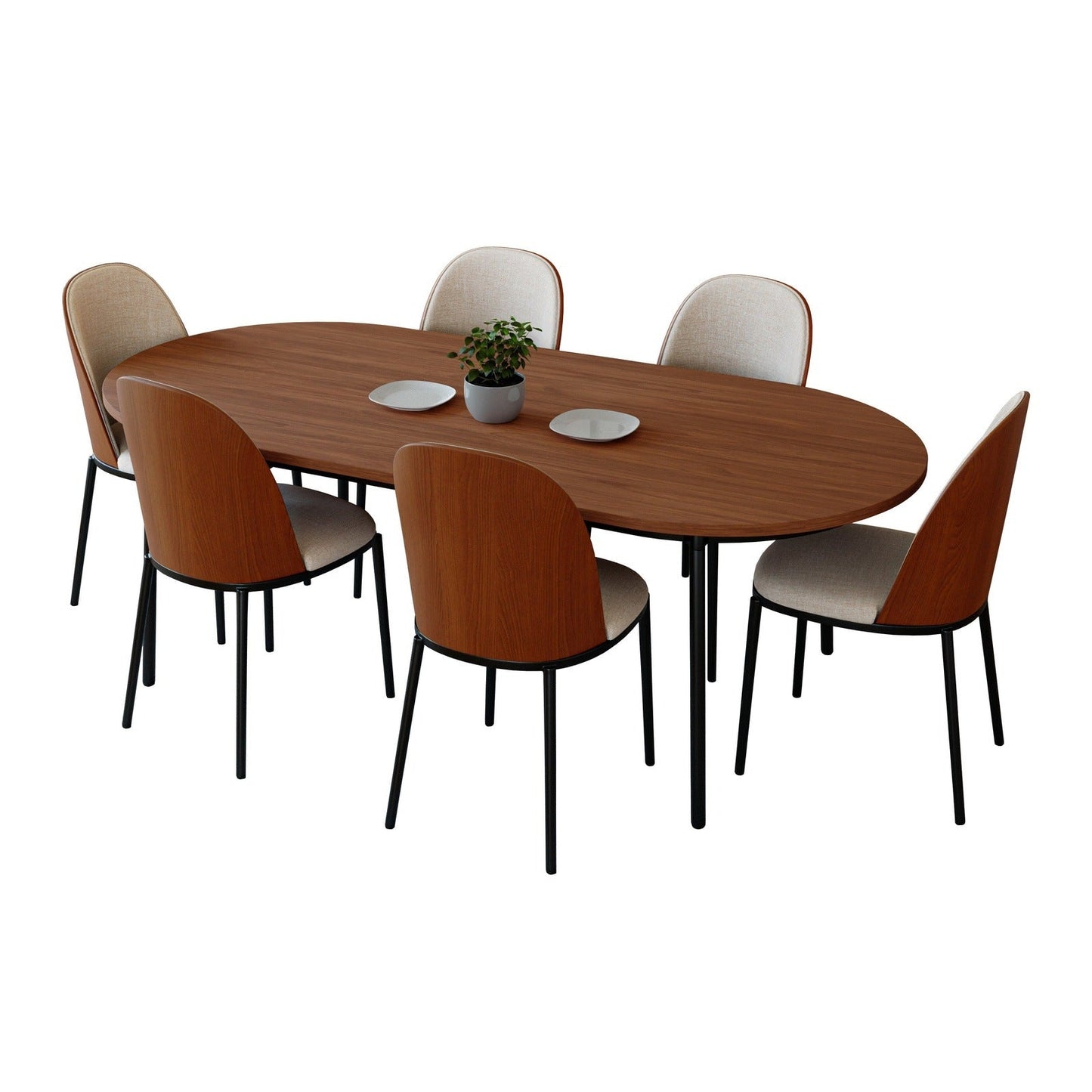 Tule 7-Piece Dining Set: Steel Frame, 6 Upholstered Chairs, 71'' Oval MDF Tabletop