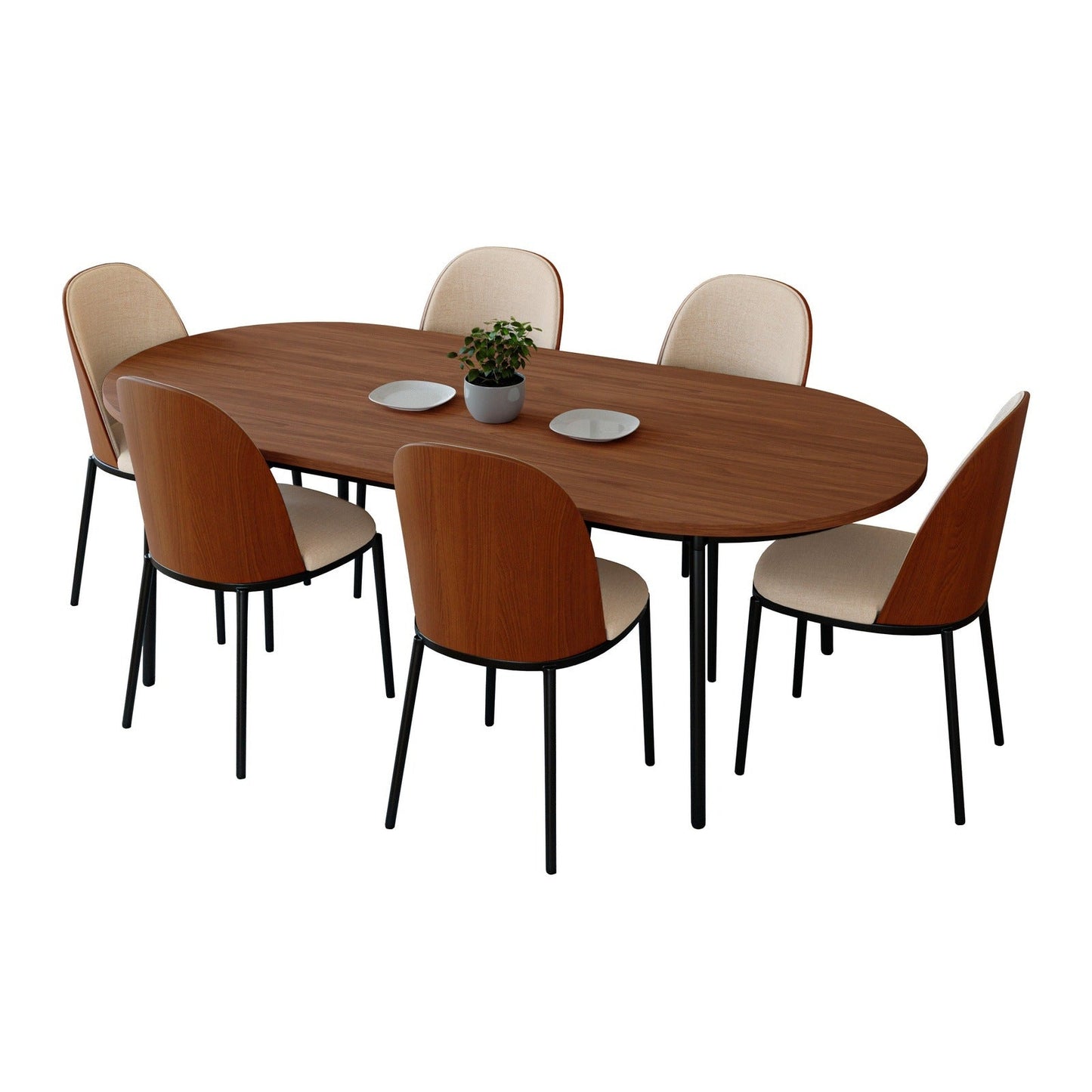 Tule 7-Piece Dining Set: Steel Frame, 6 Upholstered Chairs, 71'' Oval MDF Tabletop