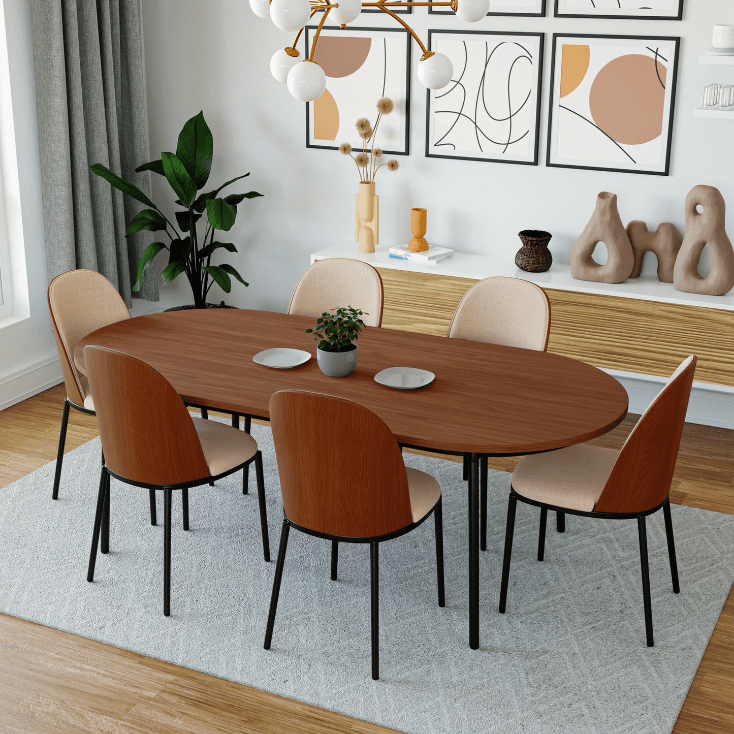 Tule 7-Piece Dining Set: Steel Frame, 6 Upholstered Chairs, 71'' Oval MDF Tabletop