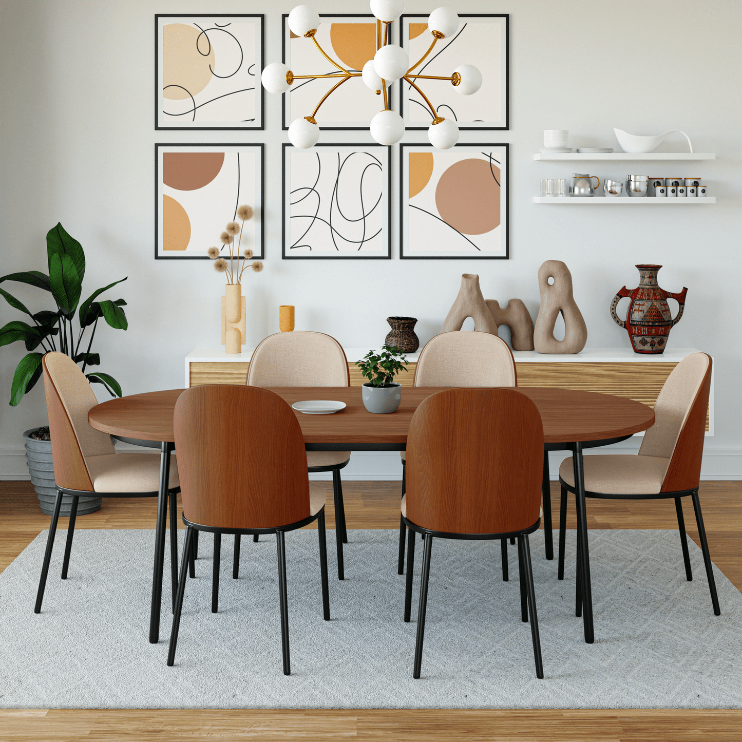 Tule 7-Piece Dining Set: Steel Frame, 6 Upholstered Chairs, 71'' Oval MDF Tabletop