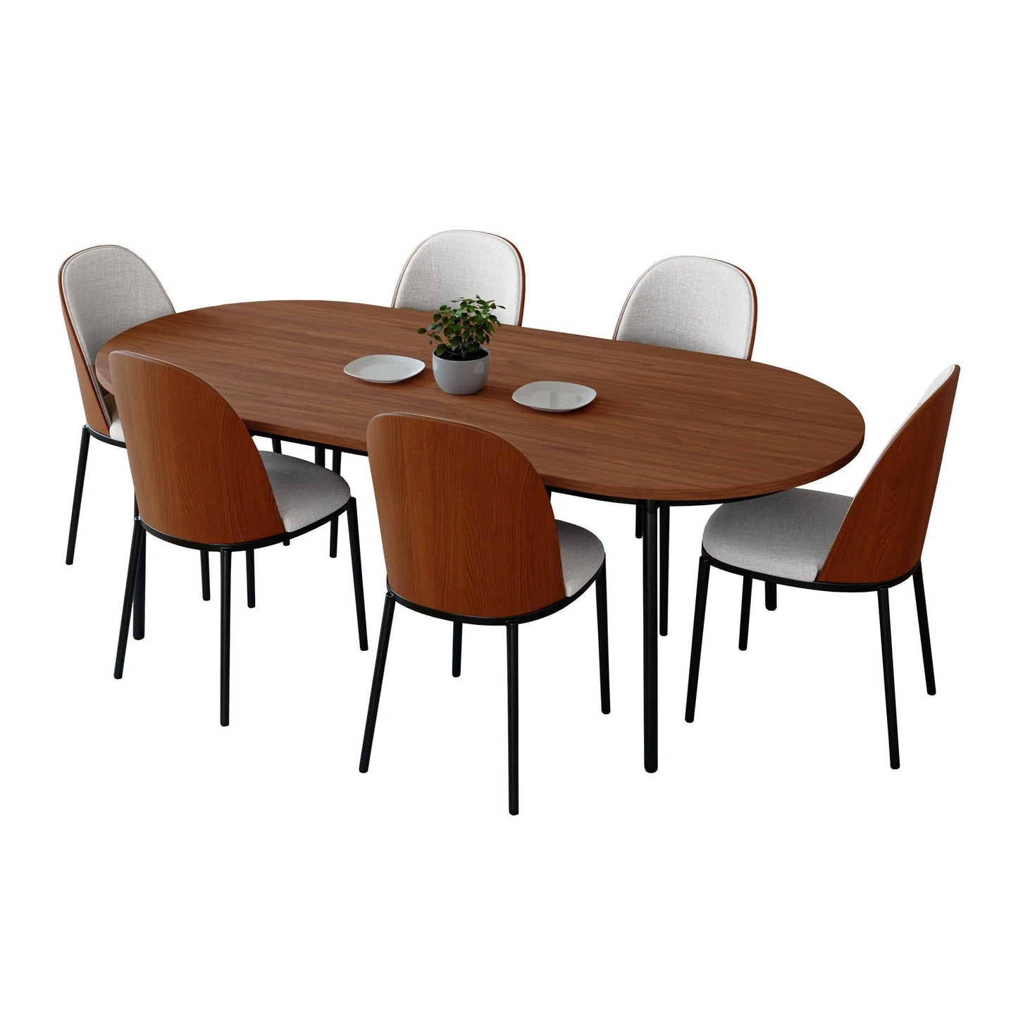 Tule 7-Piece Dining Set: Steel Frame, 6 Upholstered Chairs, 71'' Oval MDF Tabletop