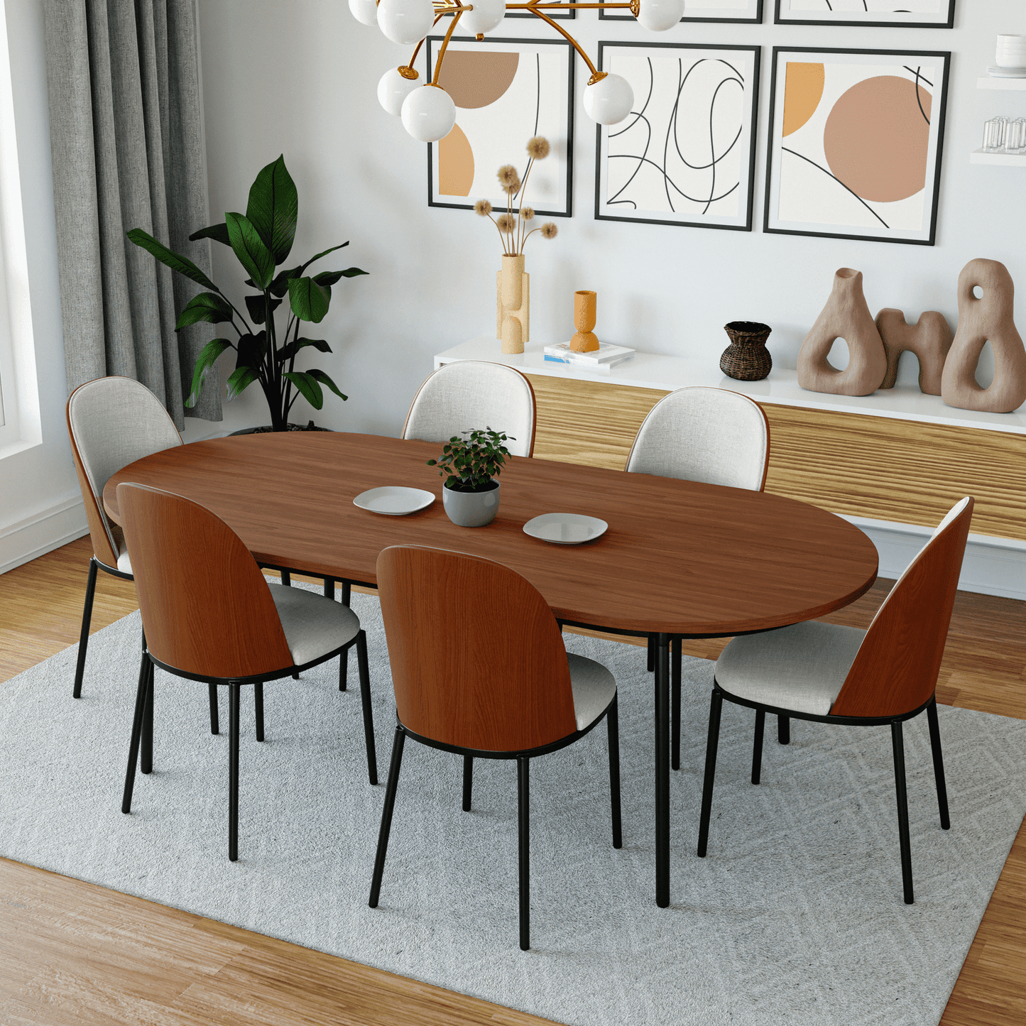 Tule 7-Piece Dining Set: Steel Frame, 6 Upholstered Chairs, 71'' Oval MDF Tabletop