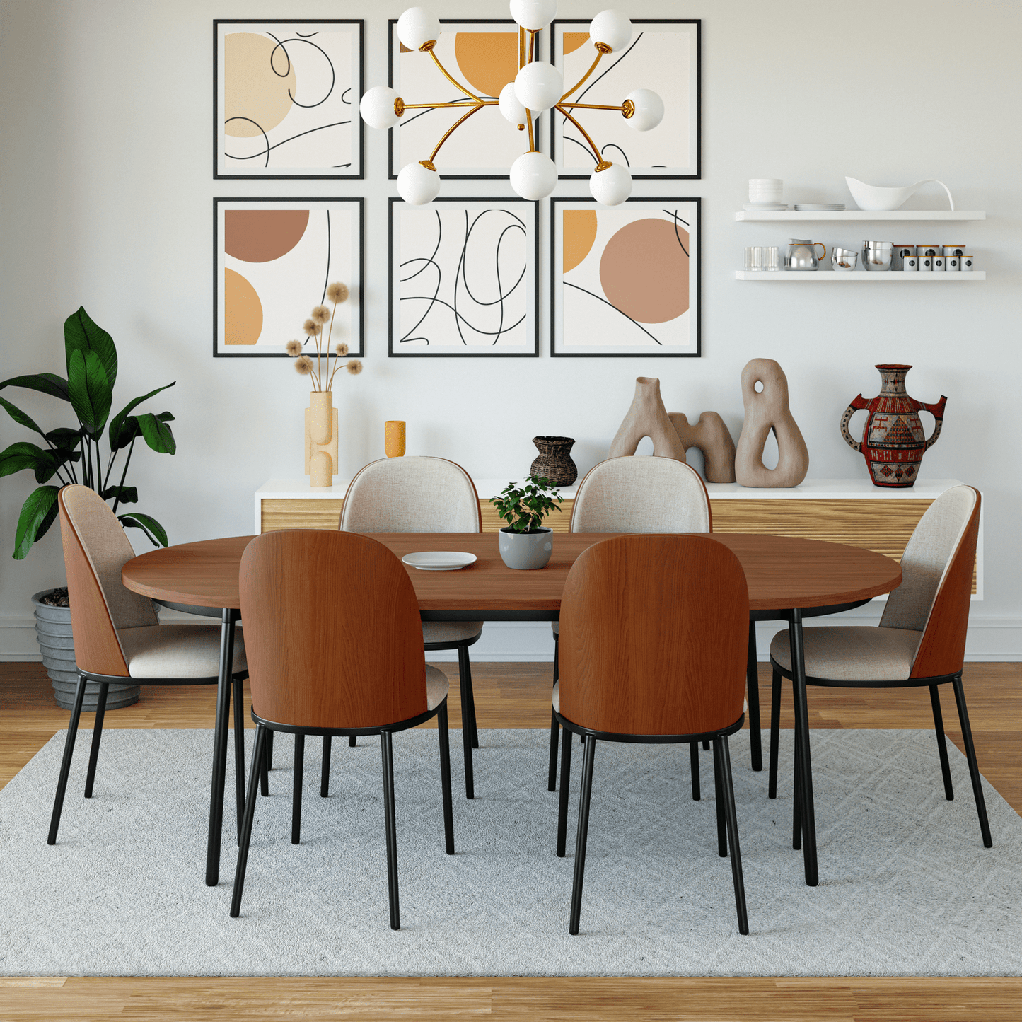 Tule 7-Piece Dining Set: Steel Frame, 6 Upholstered Chairs, 71'' Oval MDF Tabletop