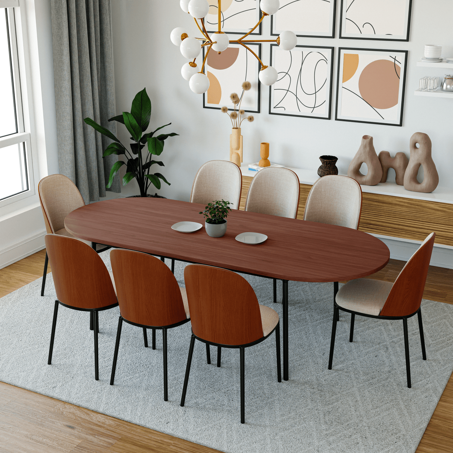 Tule 9-Piece Dining Set in Steel with 8 Upholstered Seat Dining Chairs and 83" Oval Dining Table with MDF Tabletop