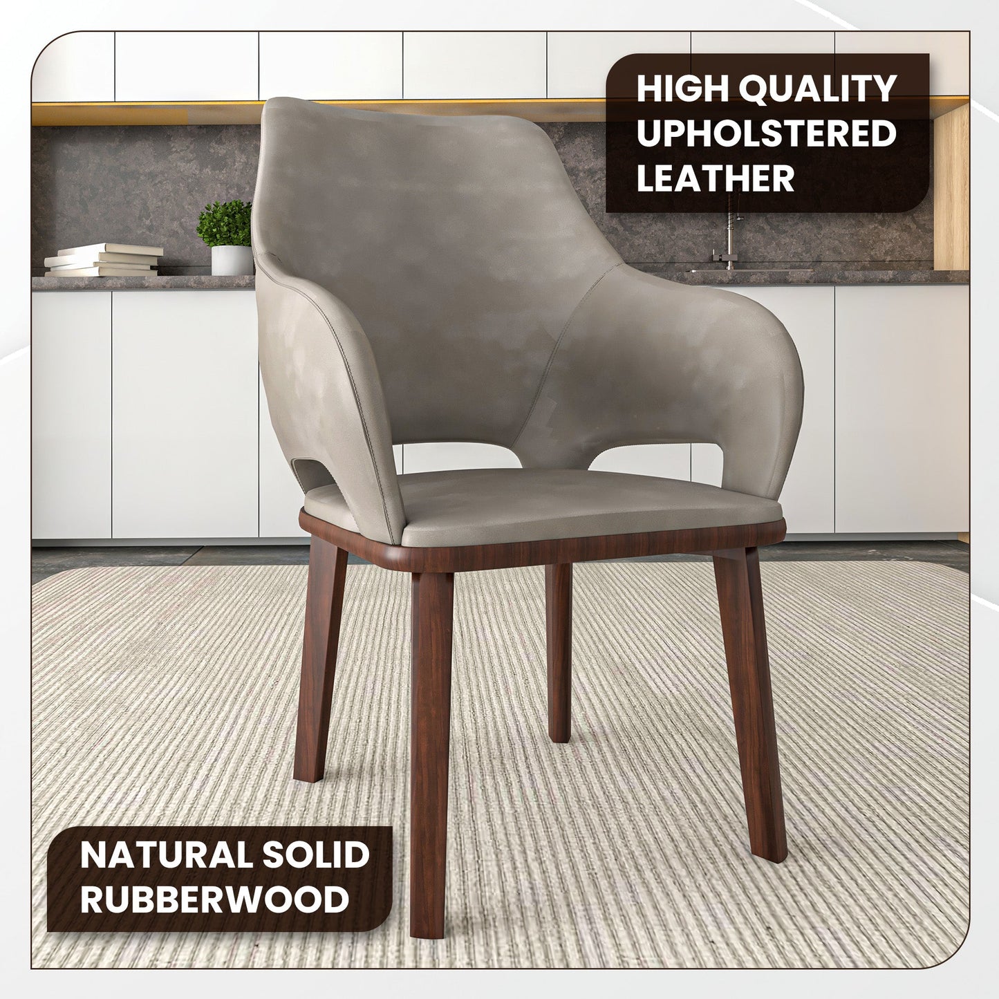 Vivara Collection Dining Chair Upholstered in Leather with Rubberwood Base Set of 2