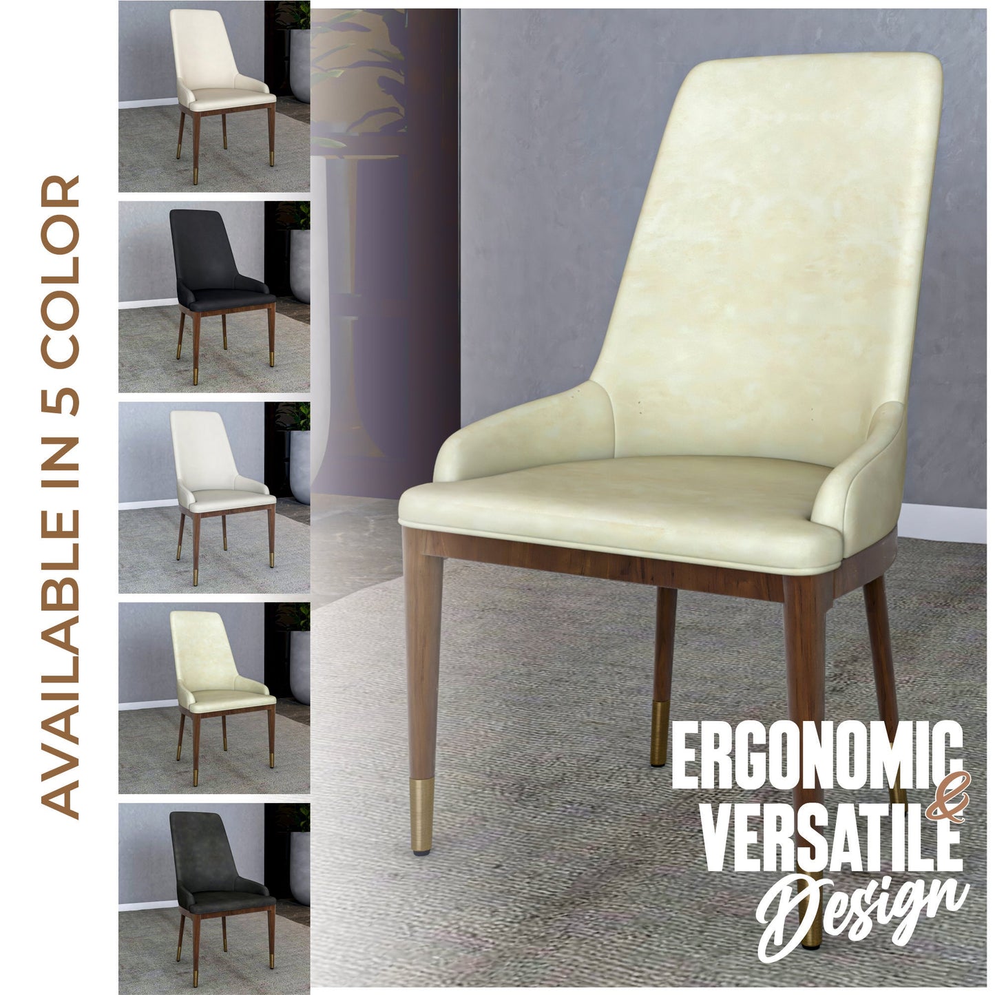 Viva Dining Side Chair Upholstered in Leather with Brown Rubberwood Legs