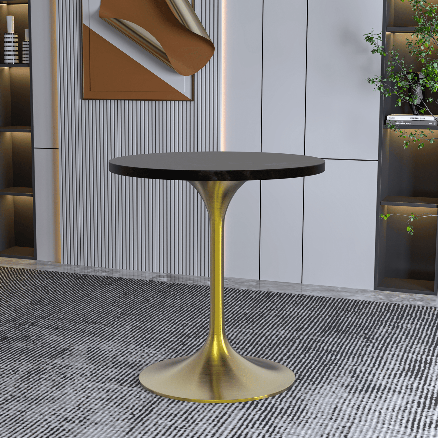 Verve Round Dining Table with MDF/Sintered Stone/Resin Tabletop in Gold Stainless Steel Pedestal Base