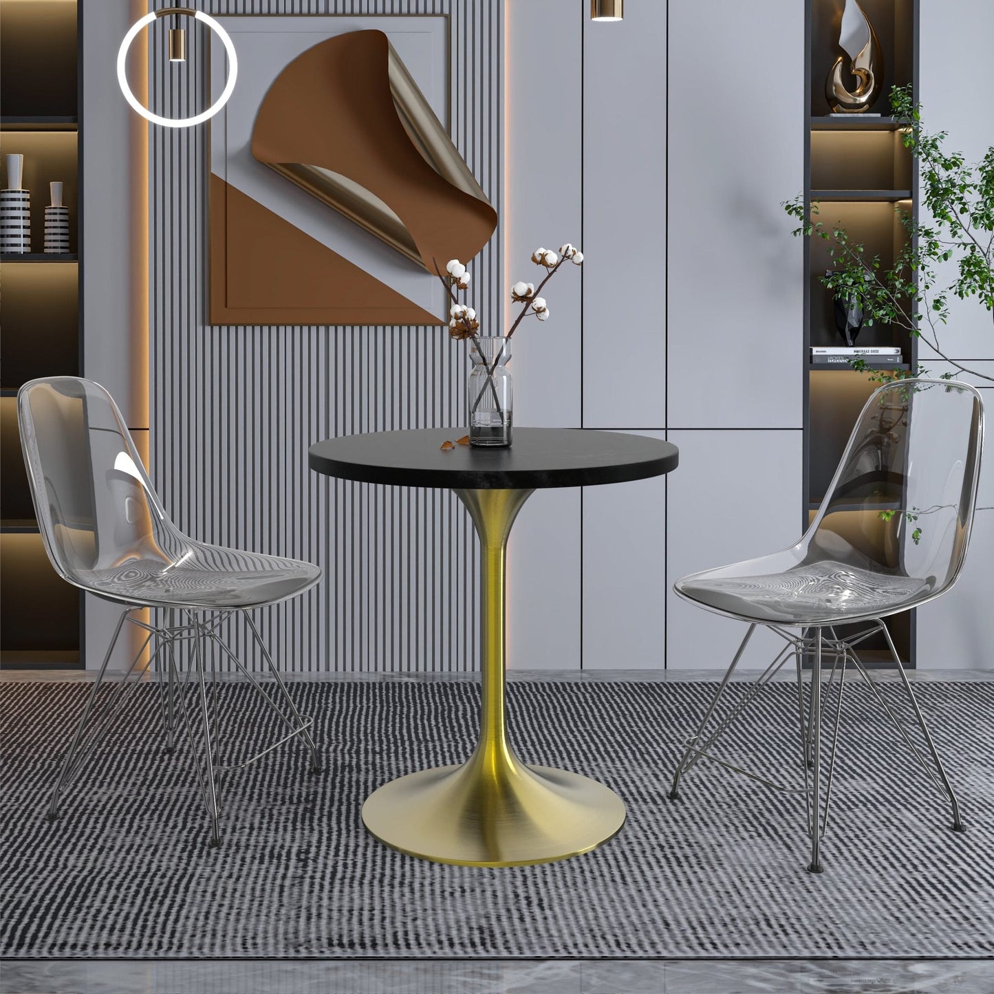 Verve Round Dining Table with MDF/Sintered Stone/Resin Tabletop in Gold Stainless Steel Pedestal Base
