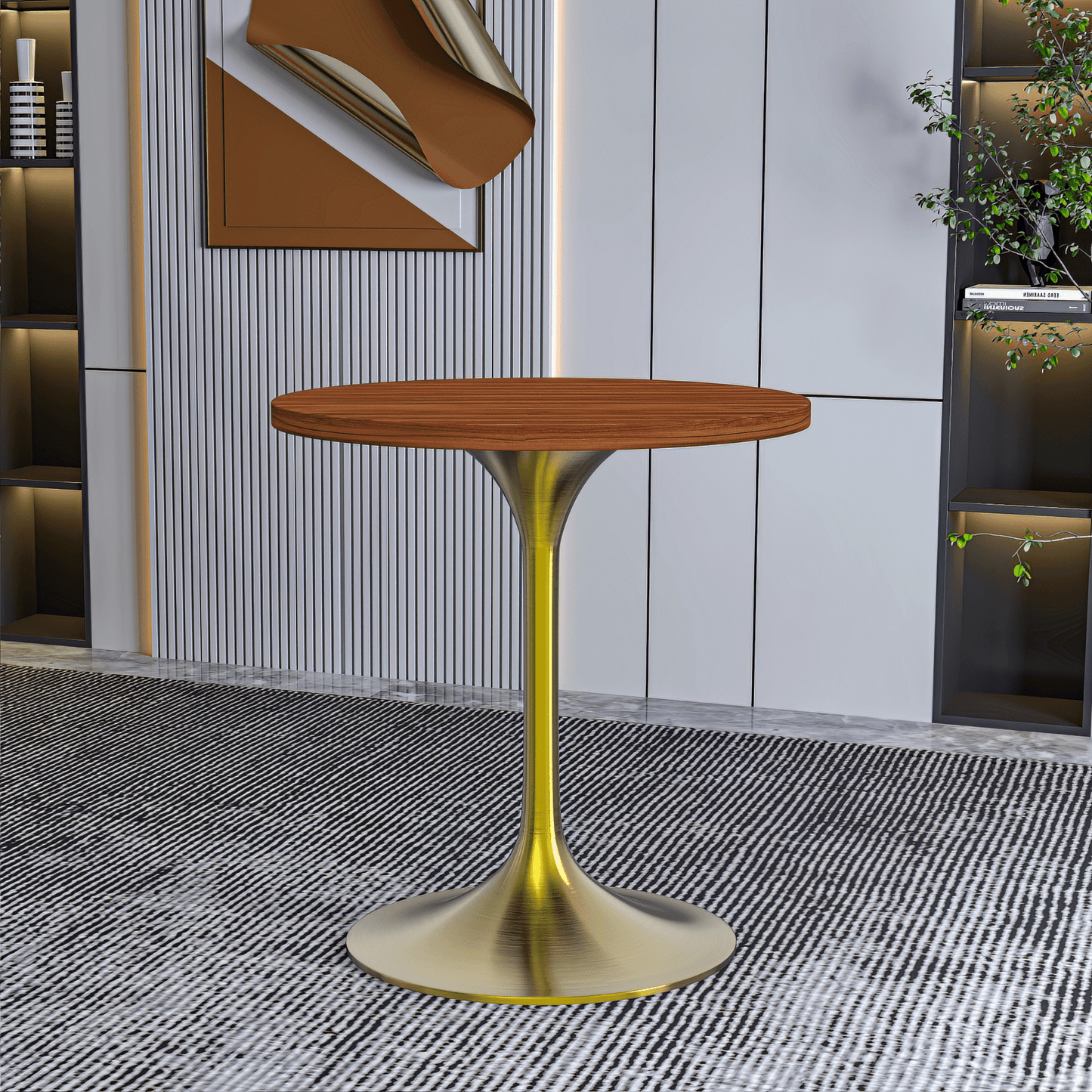 Verve Round Dining Table with MDF/Sintered Stone/Resin Tabletop in Gold Stainless Steel Pedestal Base