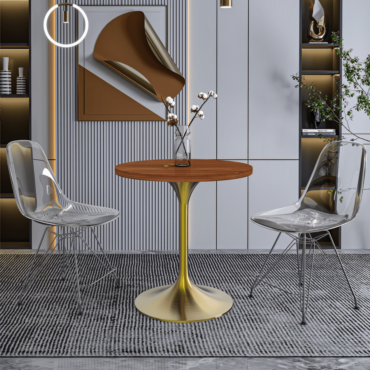 Verve Round Dining Table with MDF/Sintered Stone/Resin Tabletop in Gold Stainless Steel Pedestal Base