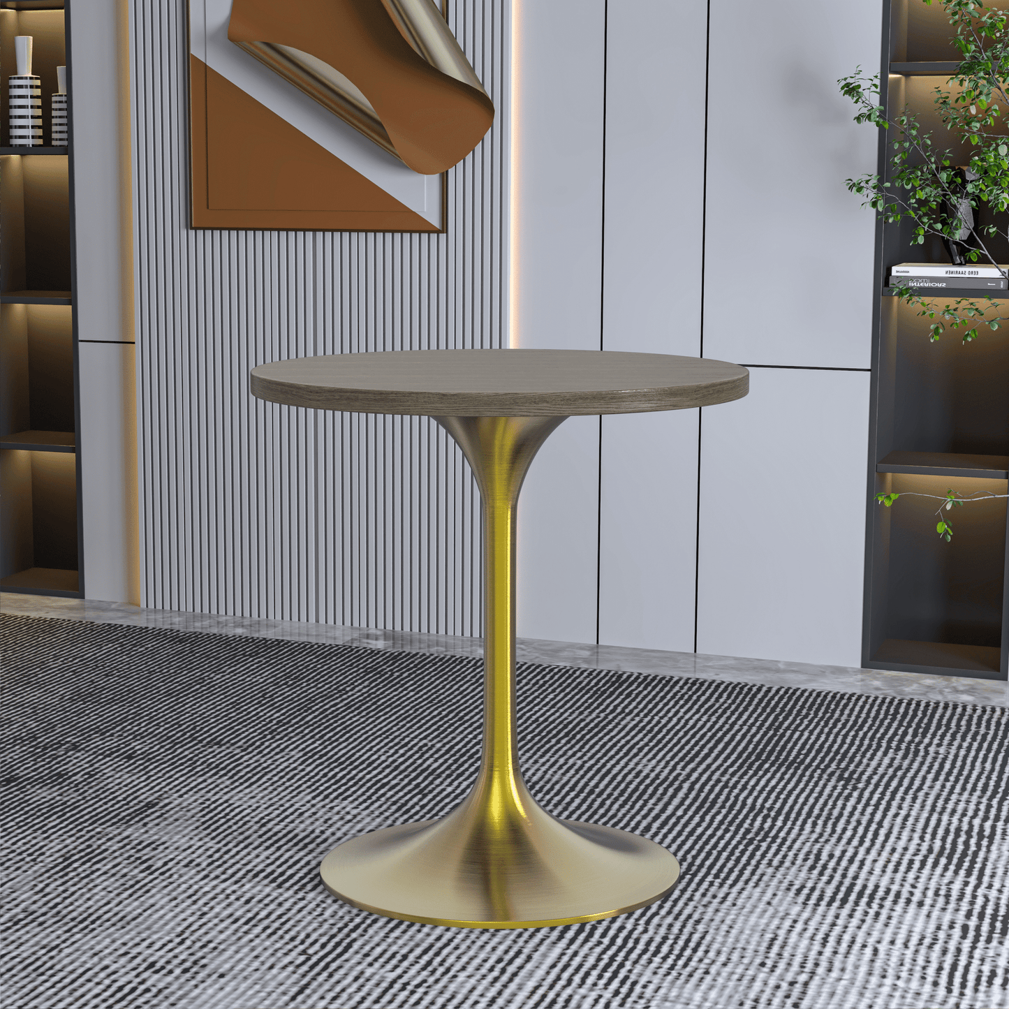 Verve Round Dining Table with MDF/Sintered Stone/Resin Tabletop in Gold Stainless Steel Pedestal Base