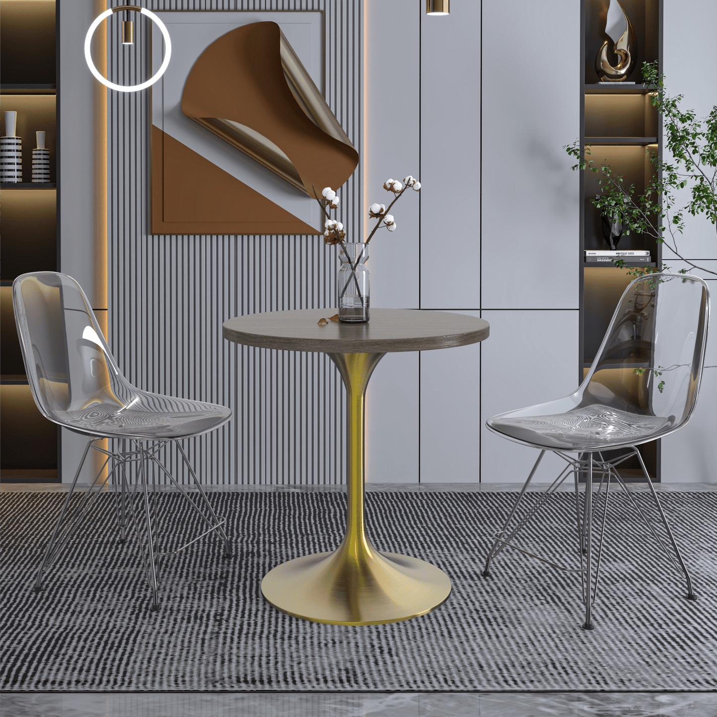 Verve Round Dining Table with MDF/Sintered Stone/Resin Tabletop in Gold Stainless Steel Pedestal Base
