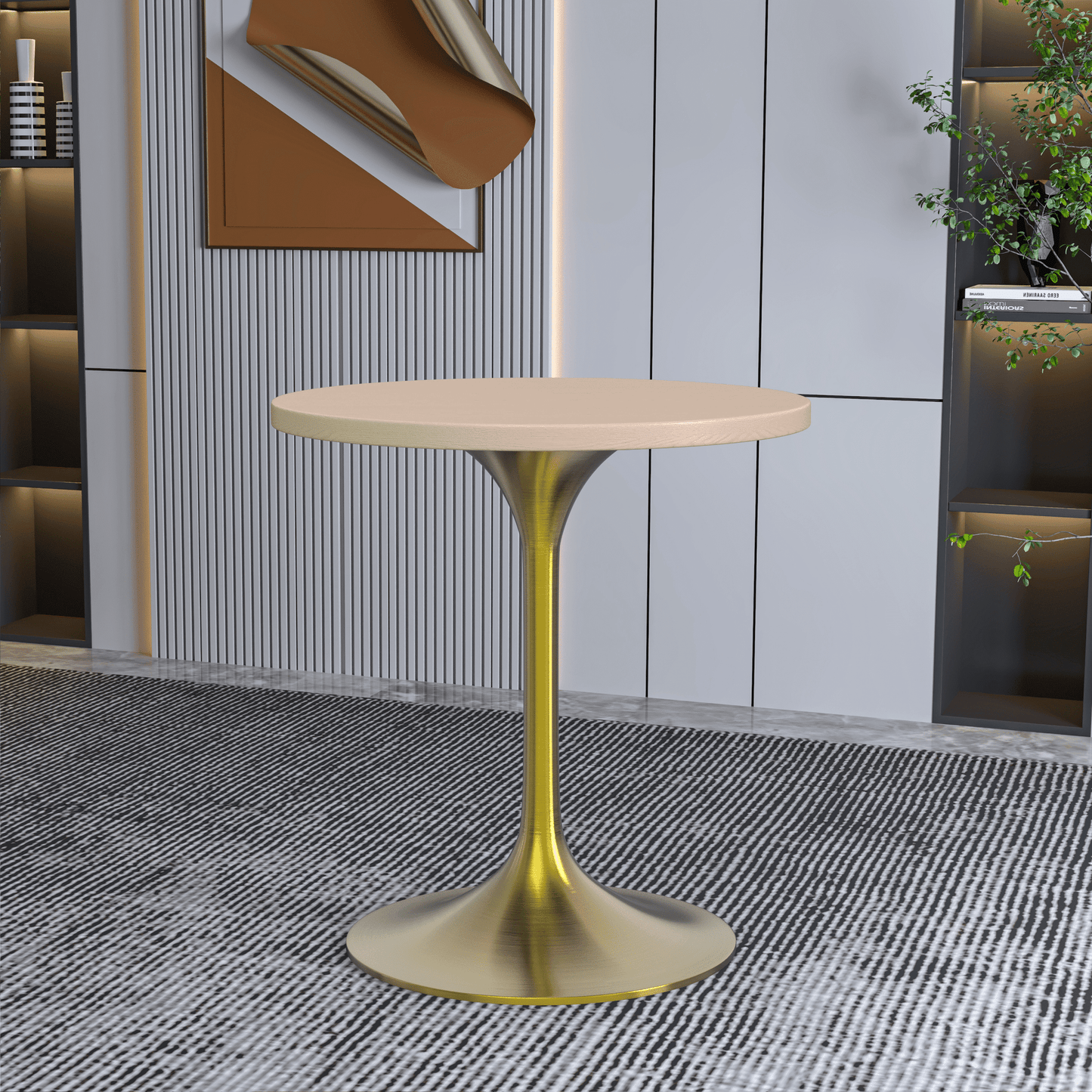 Verve Round Dining Table with MDF/Sintered Stone/Resin Tabletop in Gold Stainless Steel Pedestal Base