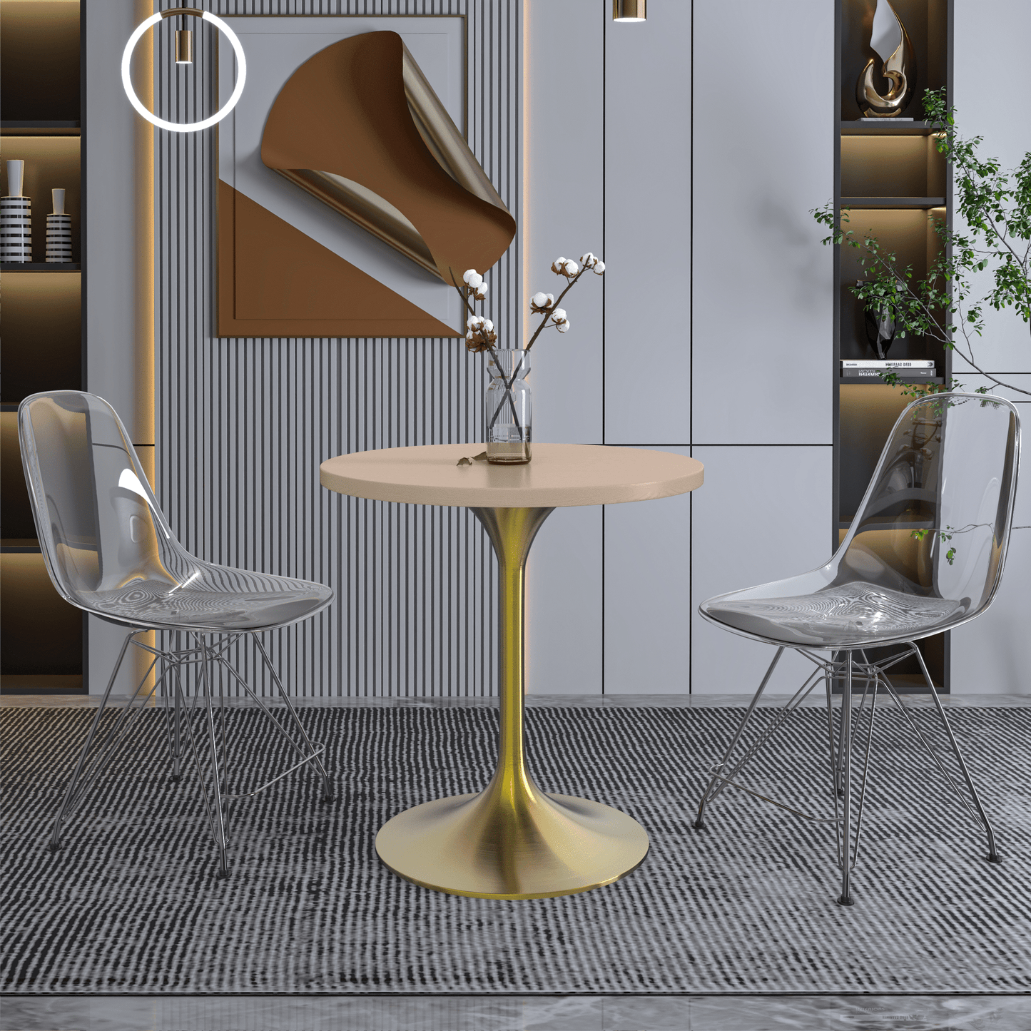 Verve Round Dining Table with MDF/Sintered Stone/Resin Tabletop in Gold Stainless Steel Pedestal Base