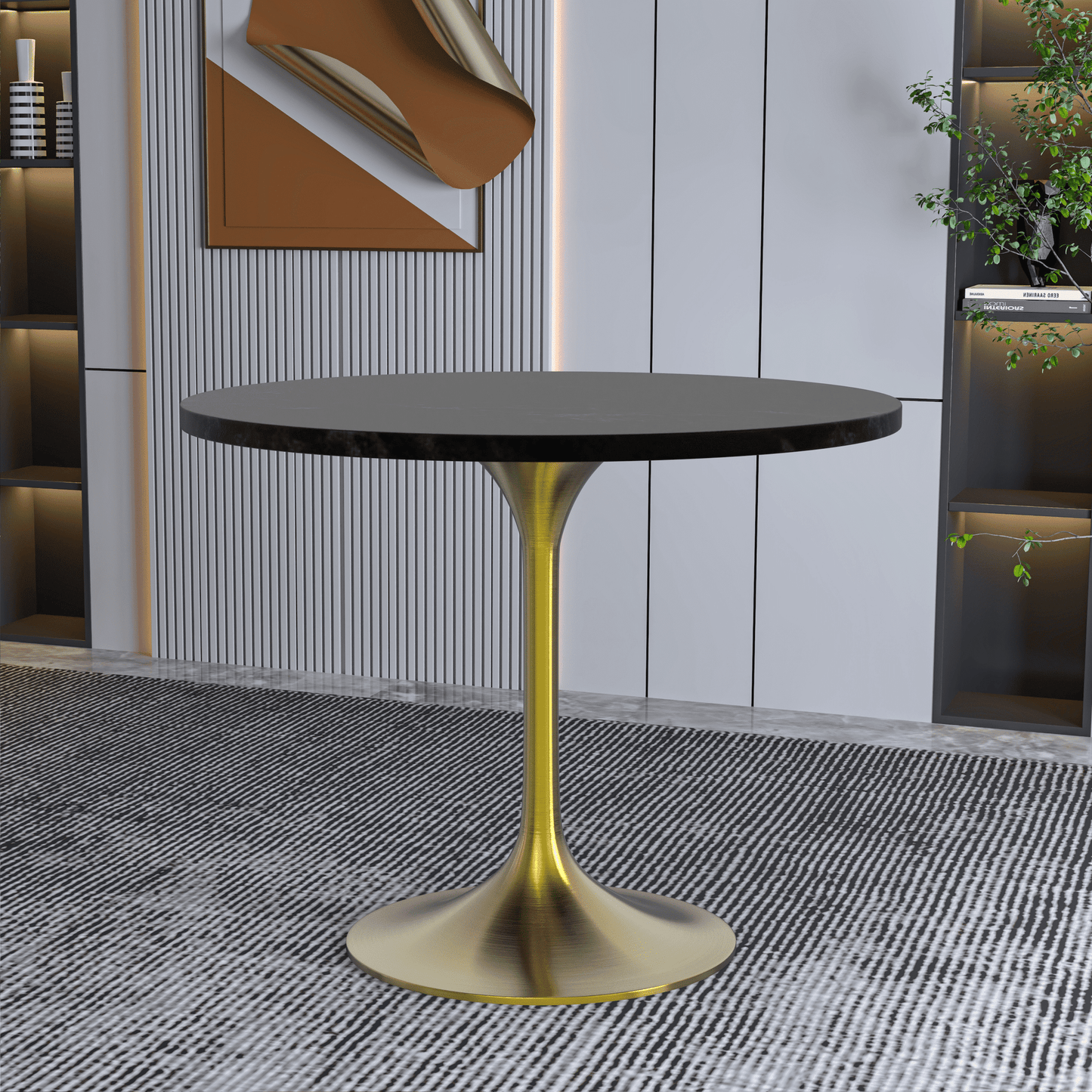 Verve Round Dining Table with MDF/Sintered Stone/Resin Tabletop in Gold Stainless Steel Pedestal Base