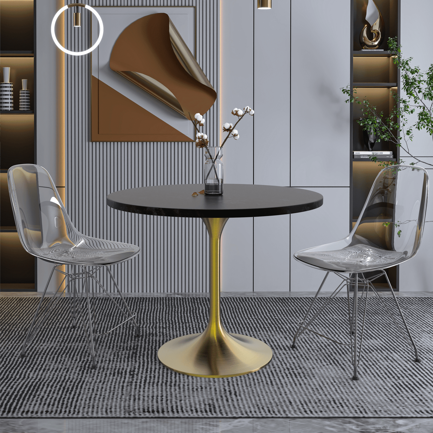 Verve Round Dining Table with MDF/Sintered Stone/Resin Tabletop in Gold Stainless Steel Pedestal Base