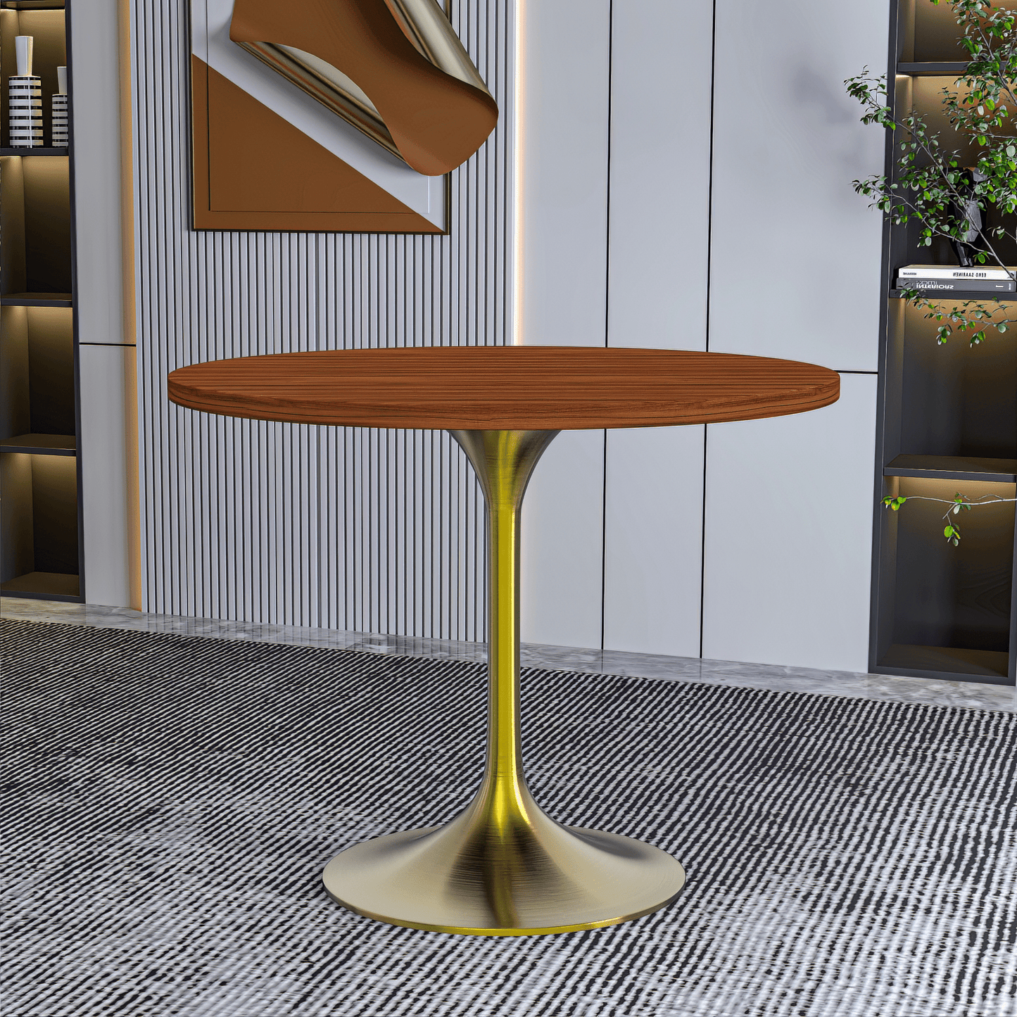 Verve Round Dining Table with MDF/Sintered Stone/Resin Tabletop in Gold Stainless Steel Pedestal Base