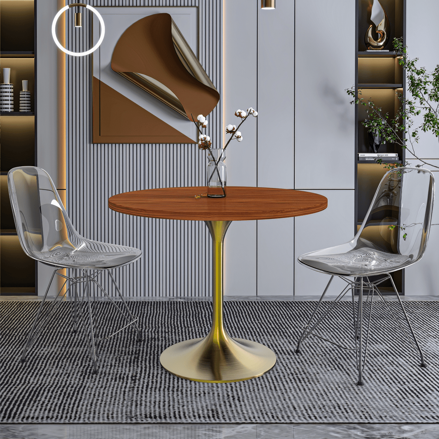 Verve Round Dining Table with MDF/Sintered Stone/Resin Tabletop in Gold Stainless Steel Pedestal Base