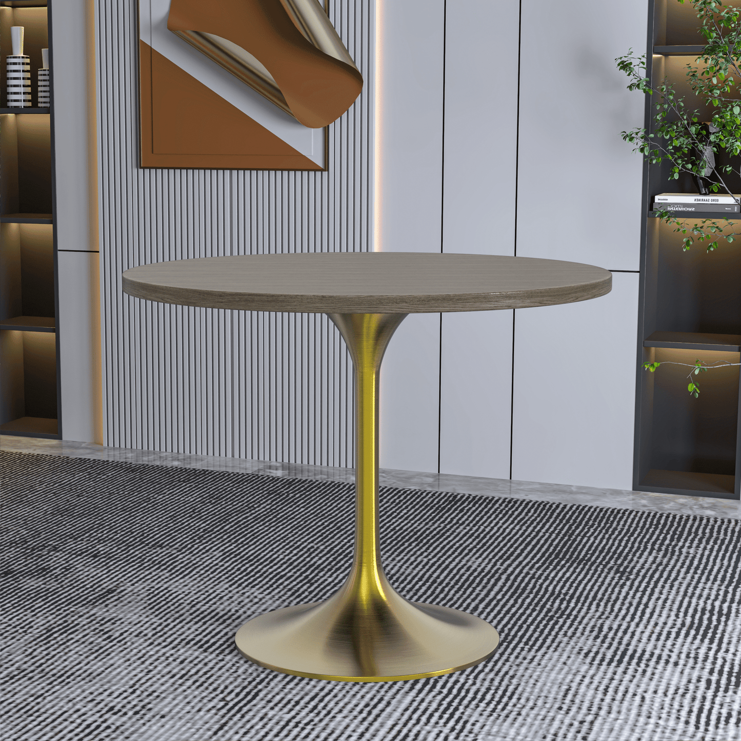 Verve Round Dining Table with MDF/Sintered Stone/Resin Tabletop in Gold Stainless Steel Pedestal Base