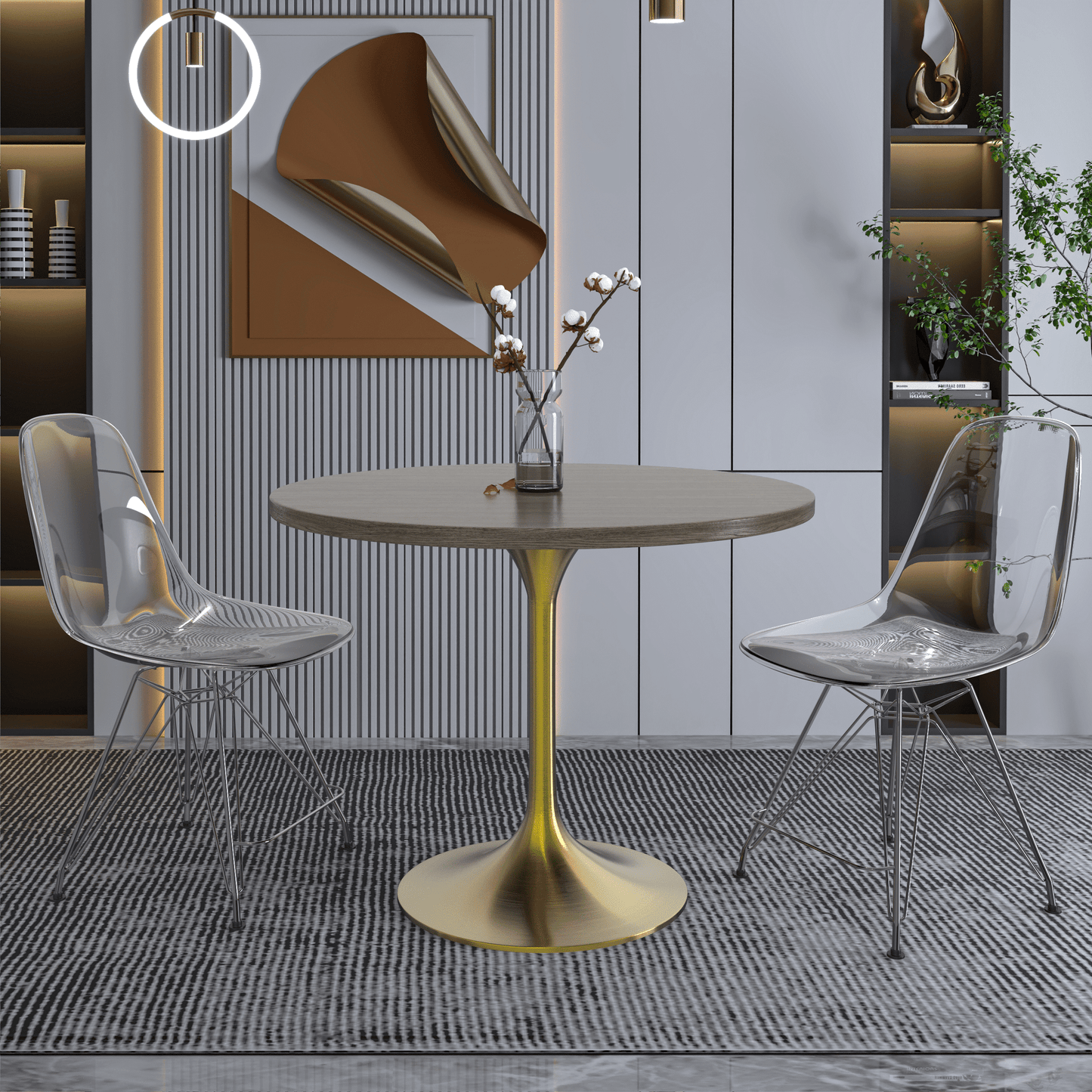Verve Round Dining Table with MDF/Sintered Stone/Resin Tabletop in Gold Stainless Steel Pedestal Base
