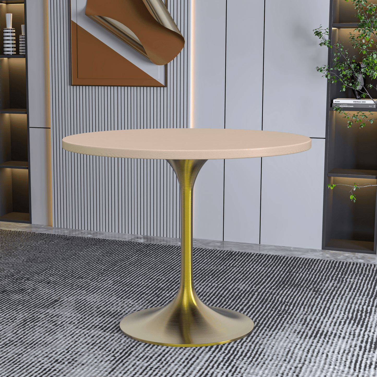 Verve Round Dining Table with MDF/Sintered Stone/Resin Tabletop in Gold Stainless Steel Pedestal Base