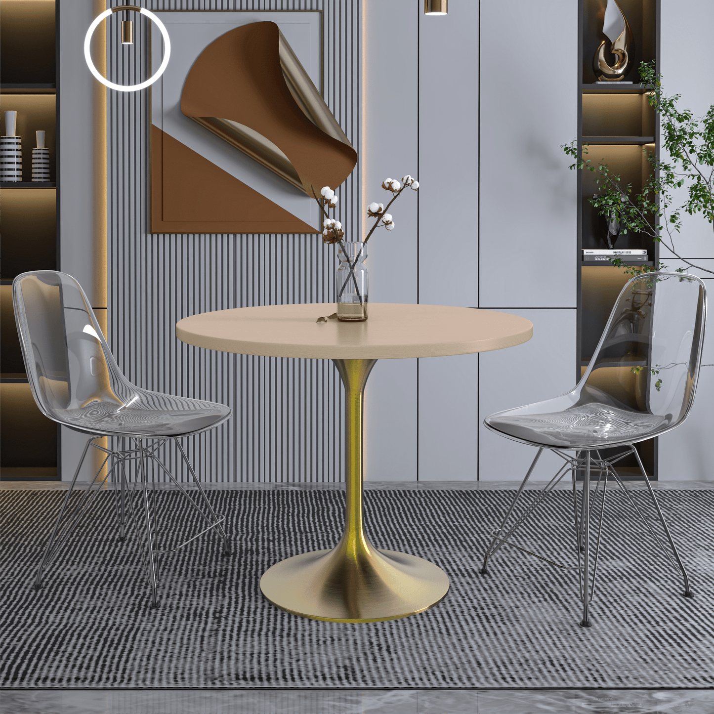 Verve Round Dining Table with MDF/Sintered Stone/Resin Tabletop in Gold Stainless Steel Pedestal Base