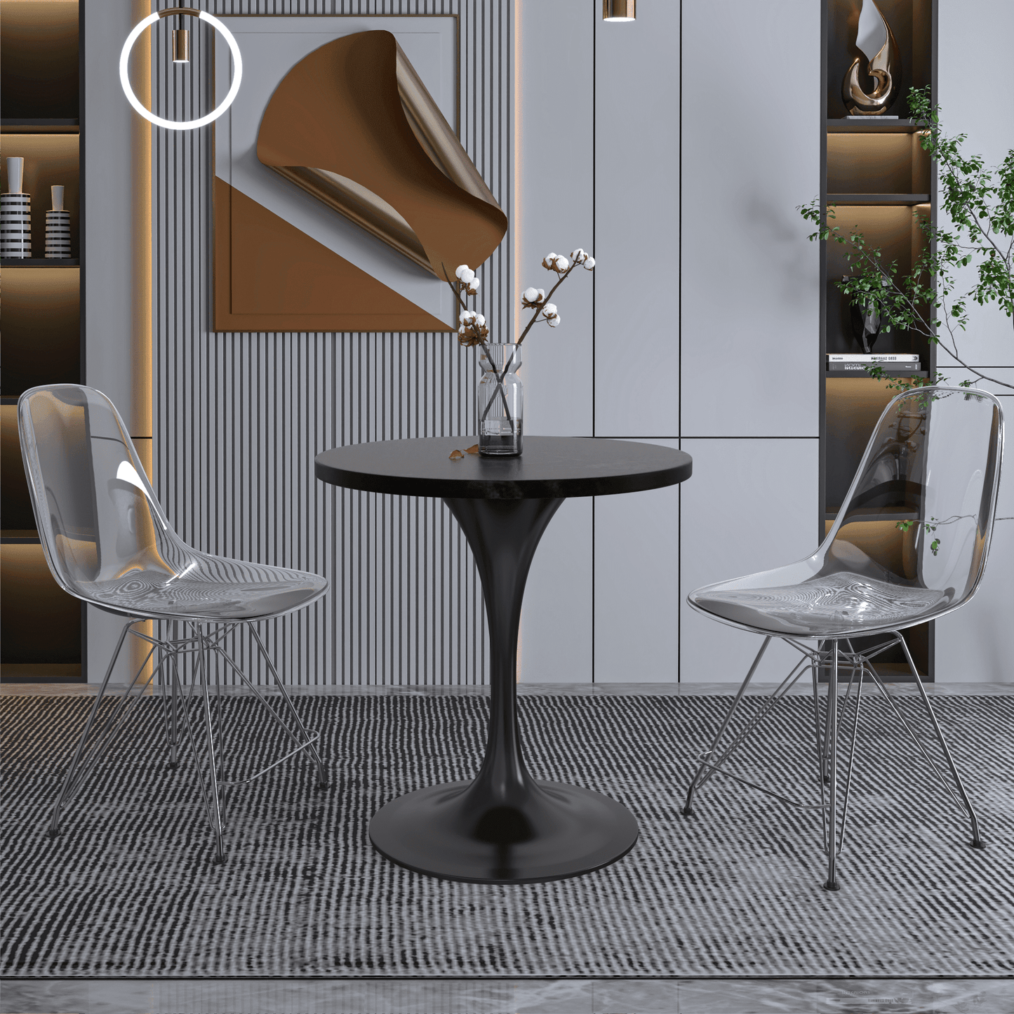 Verve Round Dining Table with MDF/Sintered Stone/Resin Tabletop in Black Stainless Steel Pedestal Base