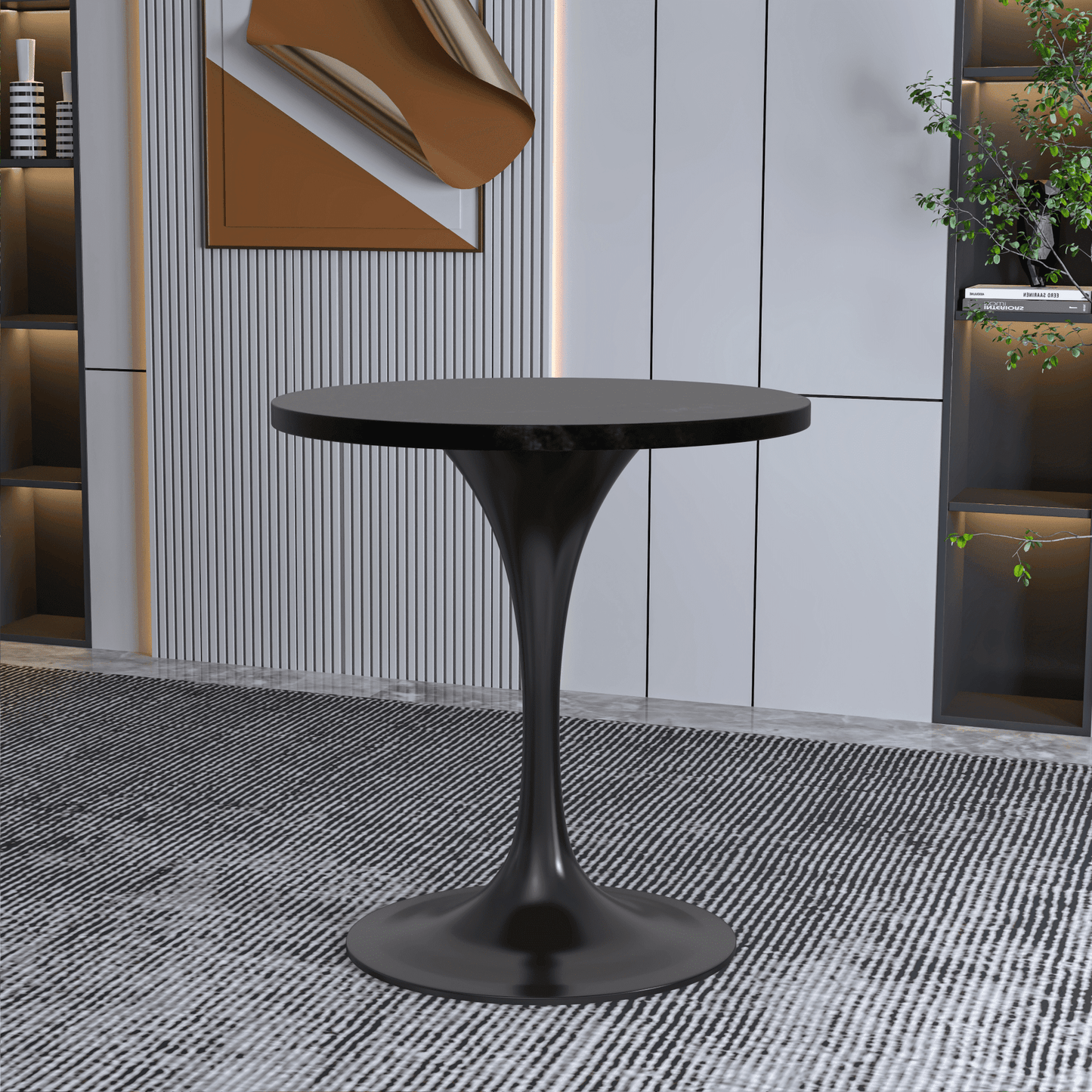 Verve Round Dining Table with MDF/Sintered Stone/Resin Tabletop in Black Stainless Steel Pedestal Base