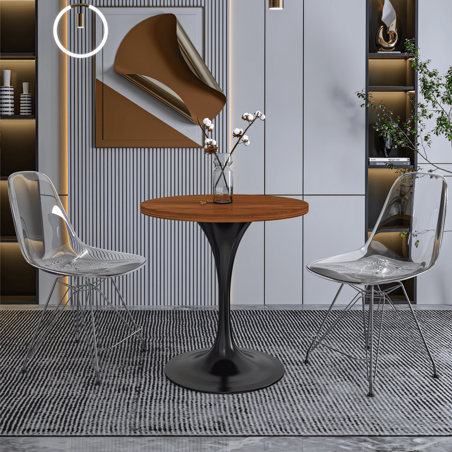 Verve Round Dining Table with MDF/Sintered Stone/Resin Tabletop in Black Stainless Steel Pedestal Base