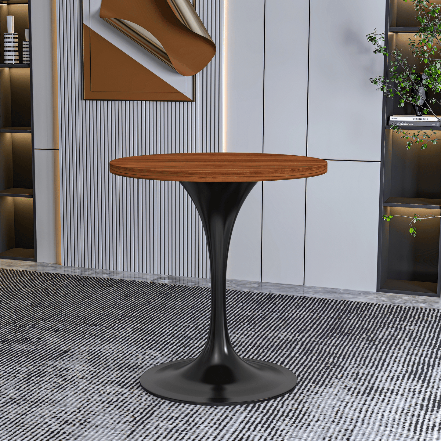 Verve Round Dining Table with MDF/Sintered Stone/Resin Tabletop in Black Stainless Steel Pedestal Base