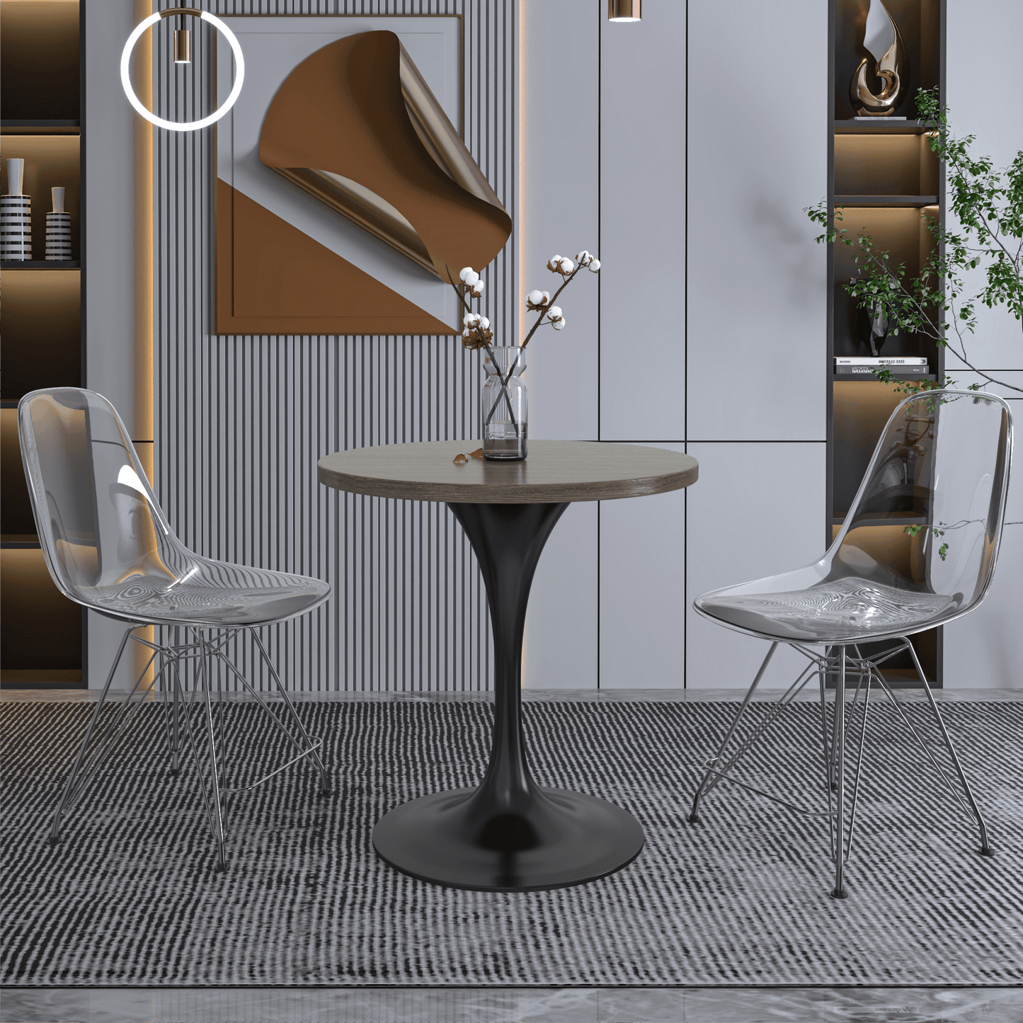 Verve Round Dining Table with MDF/Sintered Stone/Resin Tabletop in Black Stainless Steel Pedestal Base