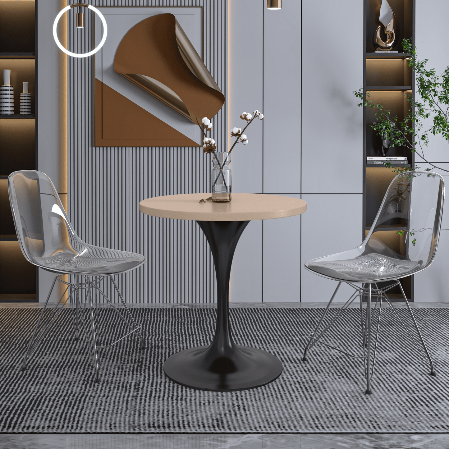 Verve Round Dining Table with MDF/Sintered Stone/Resin Tabletop in Black Stainless Steel Pedestal Base