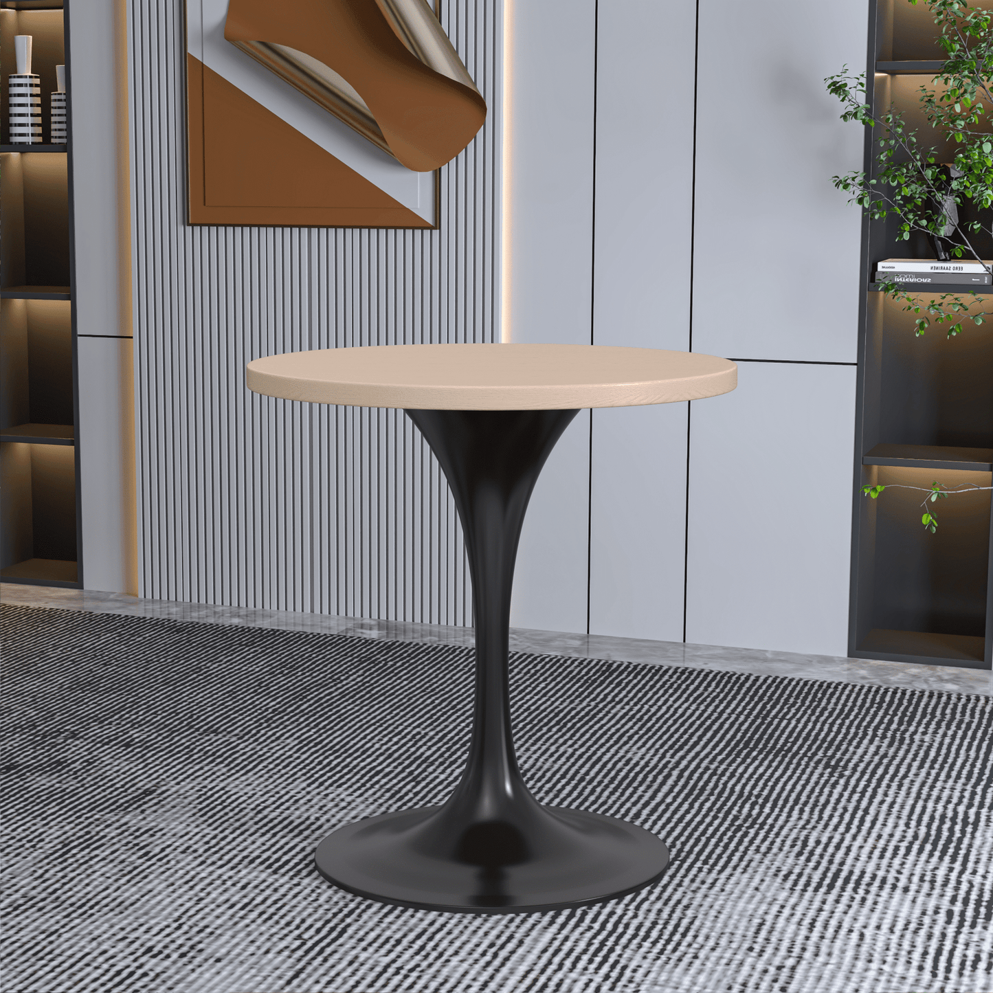 Verve Round Dining Table with MDF/Sintered Stone/Resin Tabletop in Black Stainless Steel Pedestal Base